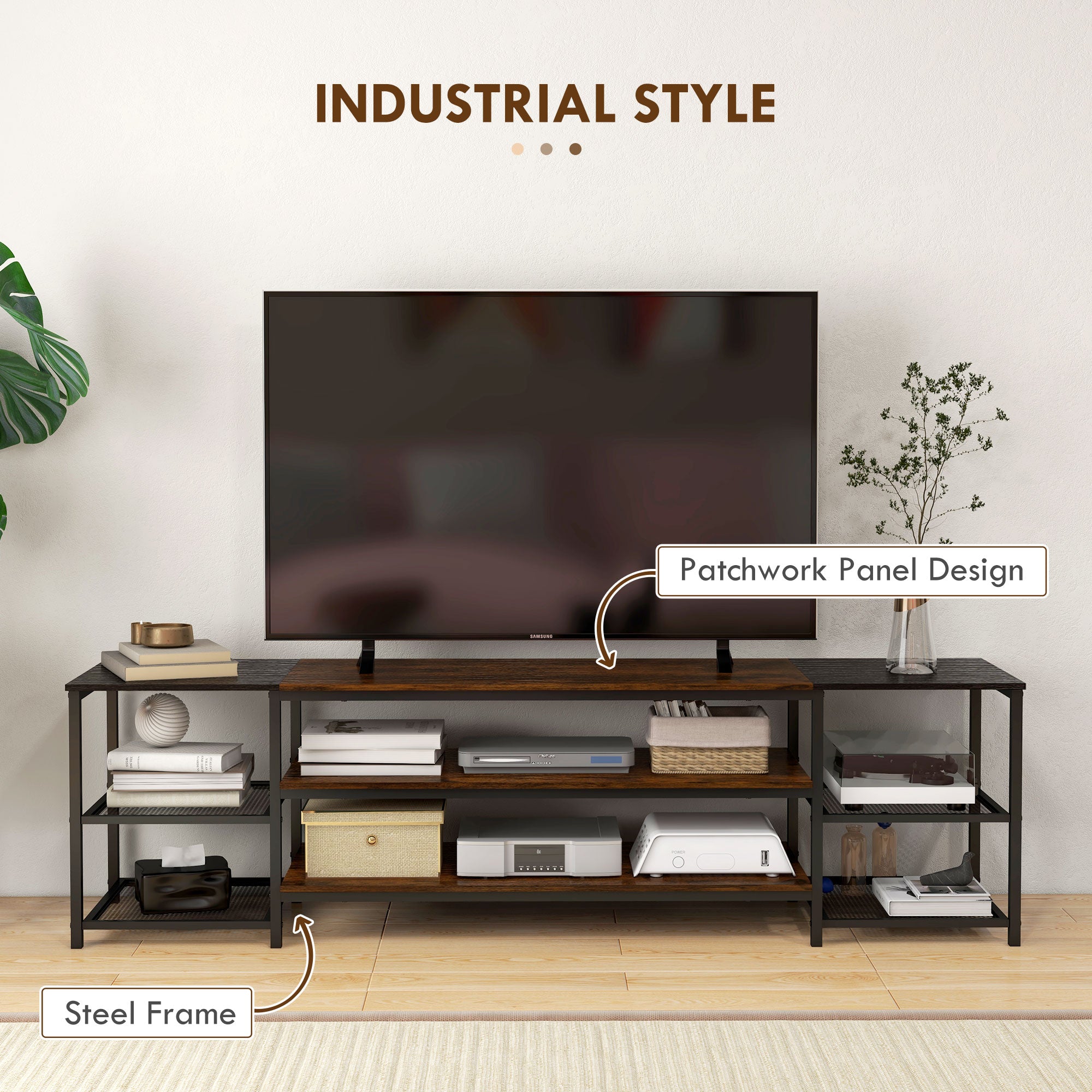HOMCOM Industrial TV Cabinet for TVs Up to 80", TV Stand with Open Shelf Storage, Media Console with Steel Frame, Rustic Brown