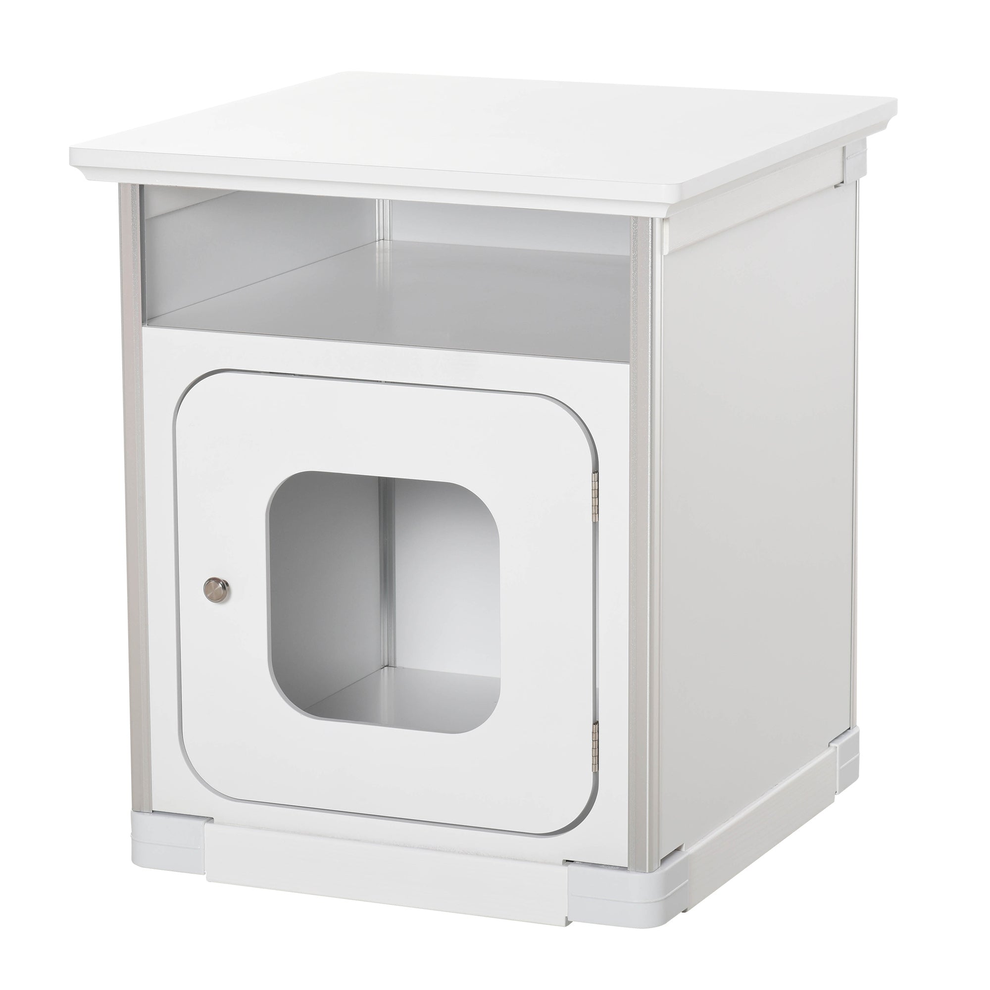 PawHut Wooden Cat Litter Box Enclosure Washroom Cave House Decorative End Table Cabinet Indoor with Magnetic Door White