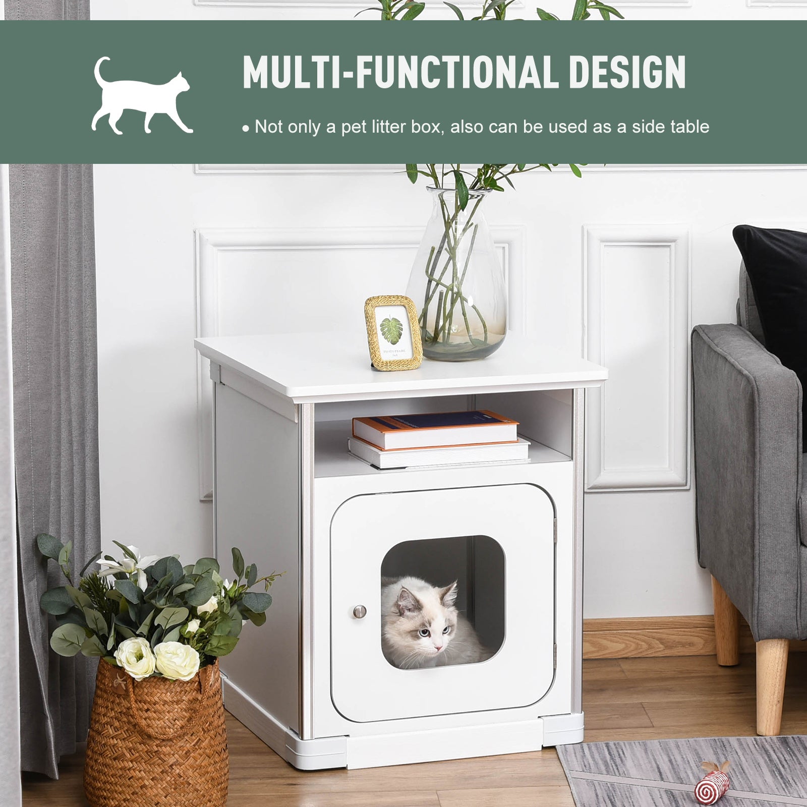 PawHut Wooden Cat Litter Box Enclosure Washroom Cave House Decorative End Table Cabinet Indoor with Magnetic Door White