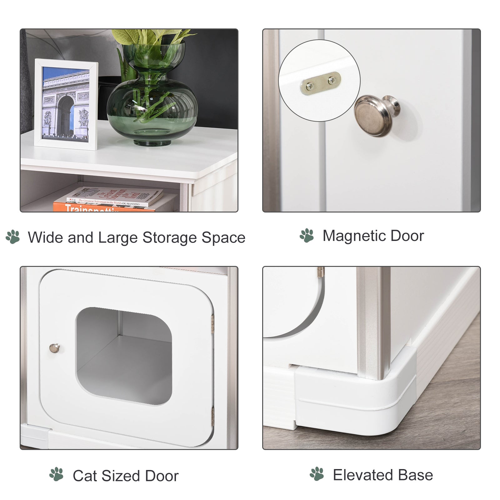 PawHut Wooden Cat Litter Box Enclosure Washroom Cave House Decorative End Table Cabinet Indoor with Magnetic Door White