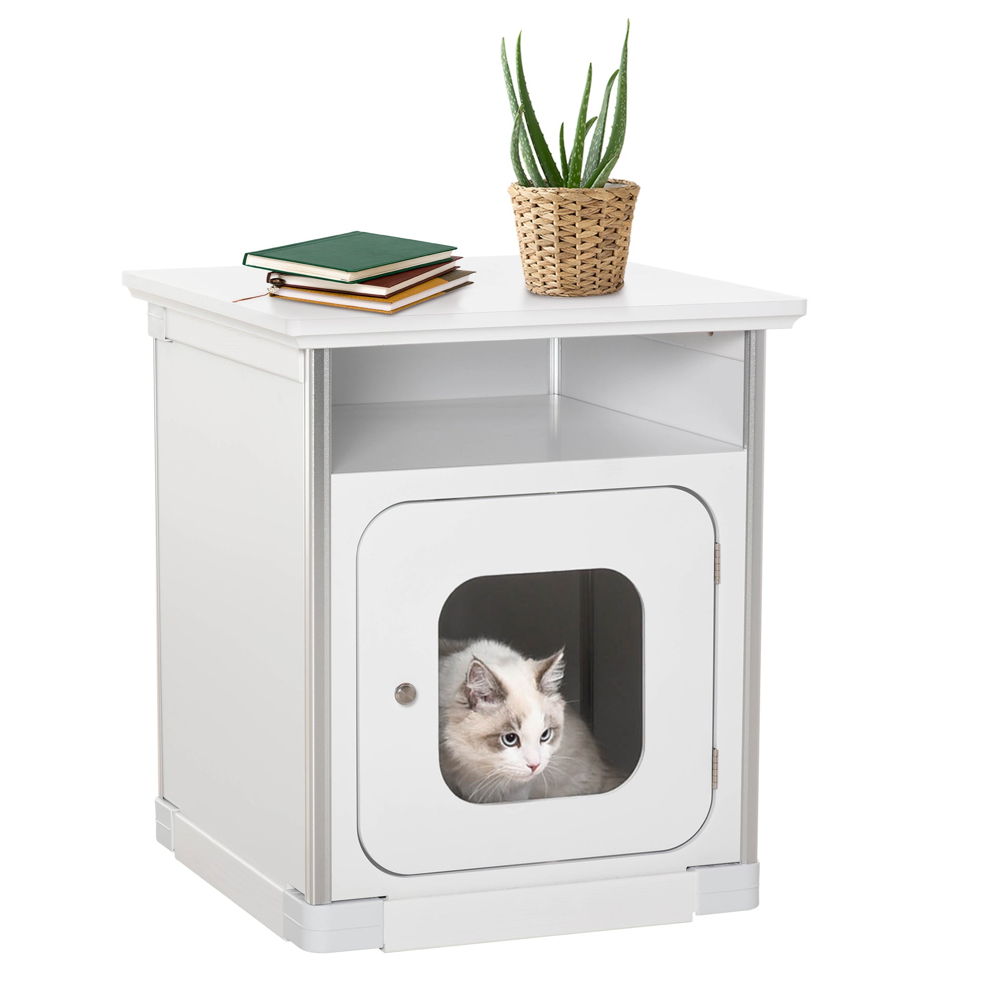 PawHut Wooden Cat Litter Box Enclosure Washroom Cave House Decorative End Table Cabinet Indoor with Magnetic Door White