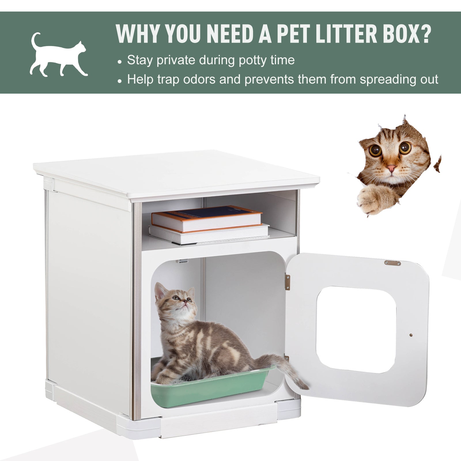 PawHut Wooden Cat Litter Box Enclosure Washroom Cave House Decorative End Table Cabinet Indoor with Magnetic Door White