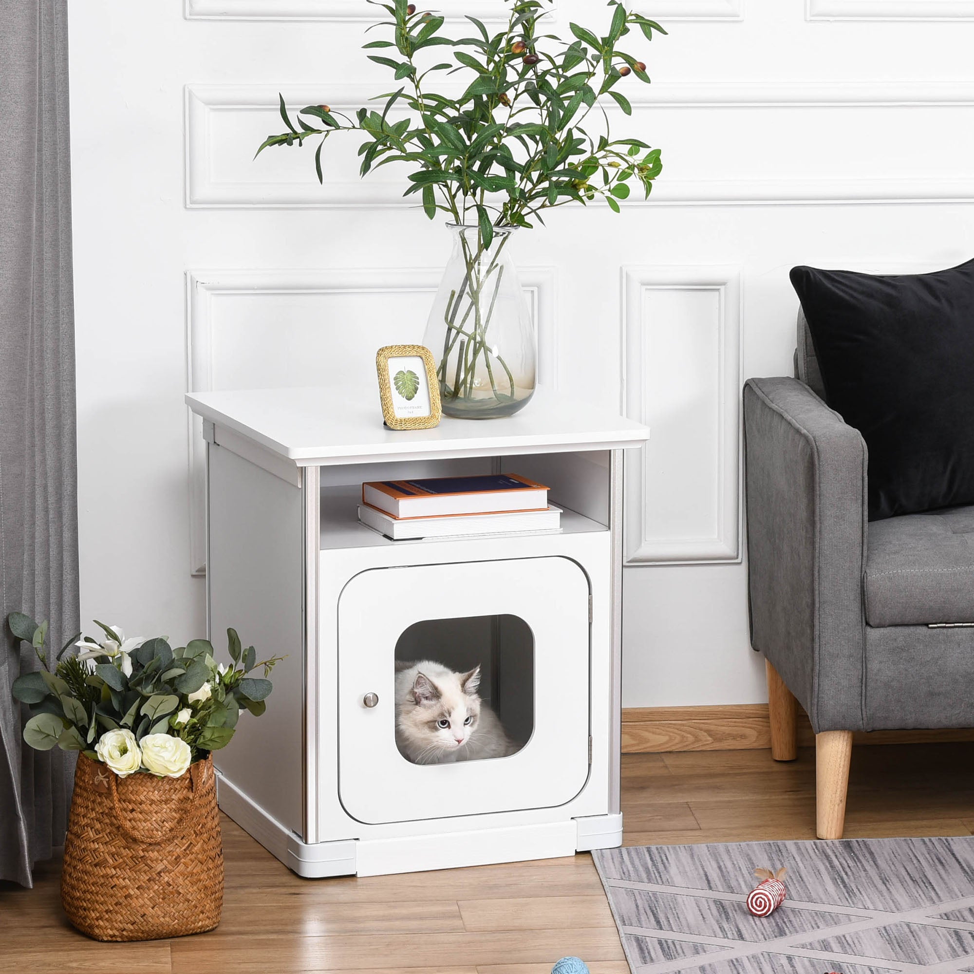 PawHut Wooden Cat Litter Box Enclosure Washroom Cave House Decorative End Table Cabinet Indoor with Magnetic Door White