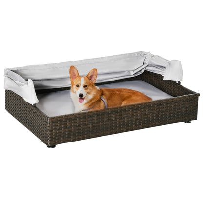 PawHut Wicker Dog House, Elevated Pet Sofa, Rattan Cat Bed, Indoor Outdoor Use, for Garden Patio with Foldable Roof, for Small or Medium-Sized Dogs, Coffee