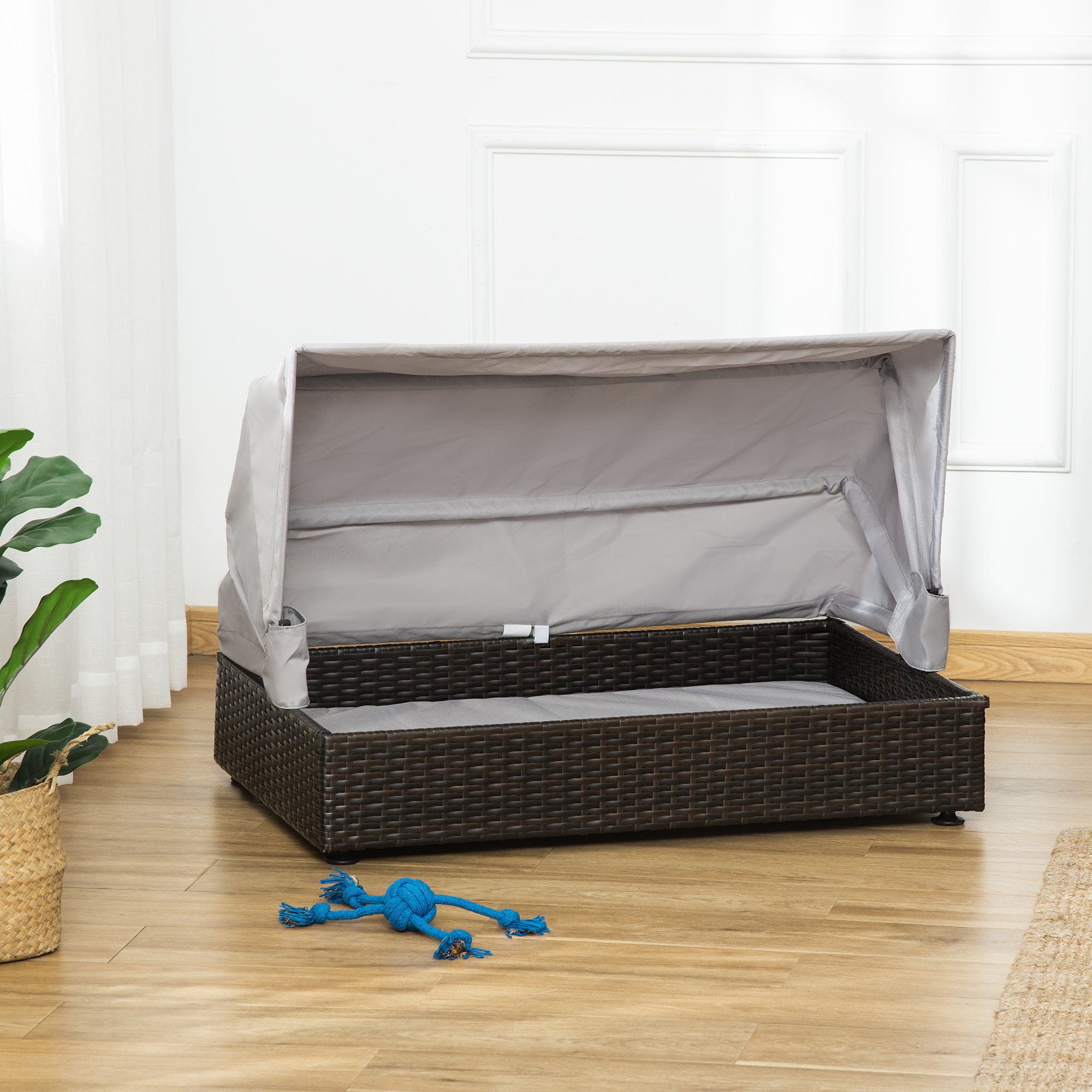 PawHut Rattan Dog Bed, Elevated Pet Sofa, Wicker Cat House, Indoor/Outdoor Use, for Garden Patio with Foldable Canopy, for Small or Medium-Sized Pets, Coffee
