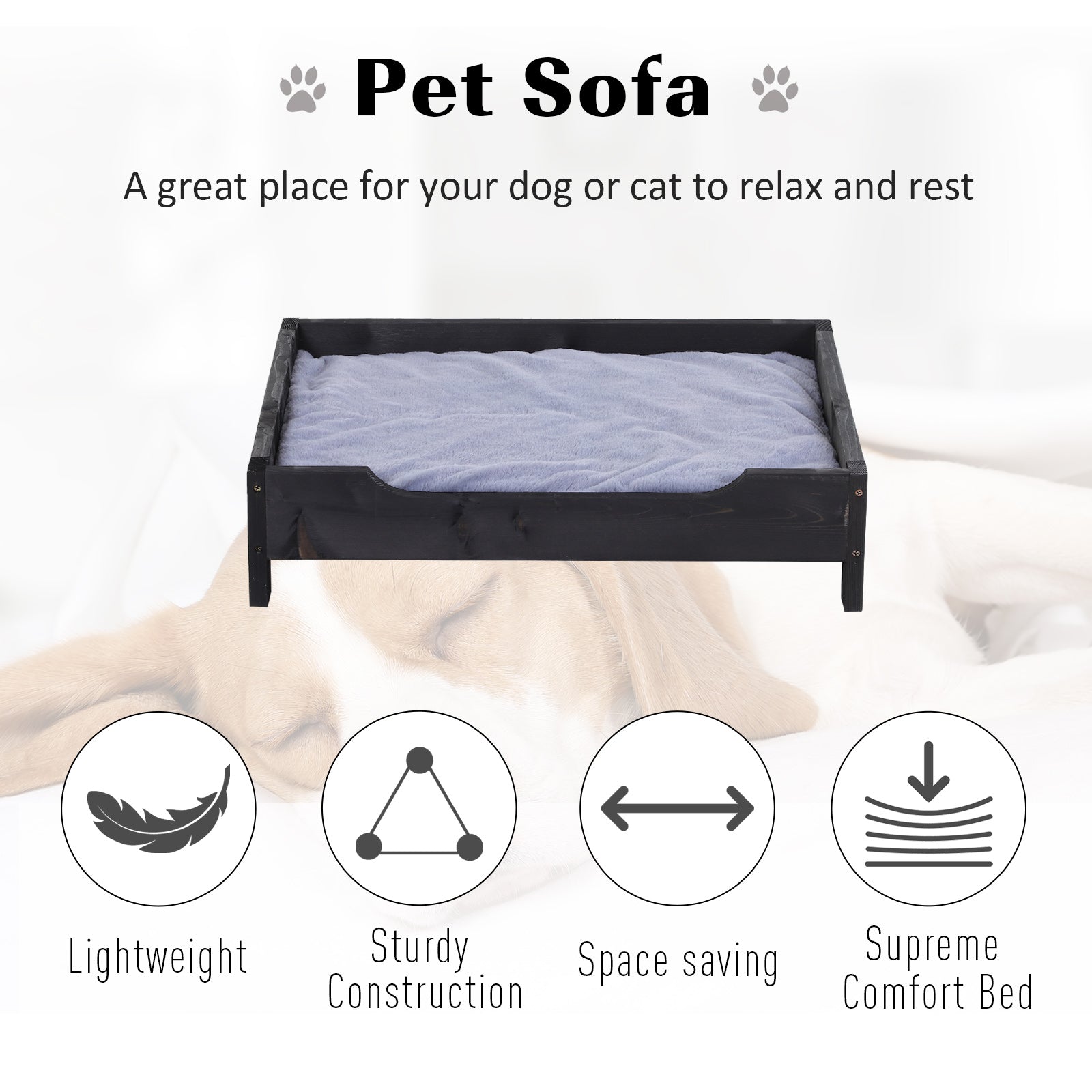 PawHut Wooden Elevated Dog Sofa Pet Bed Cat Kitten Lounger with Cushion Soft Comfortable Lightweight Black 62 x 54 x 15 cm
