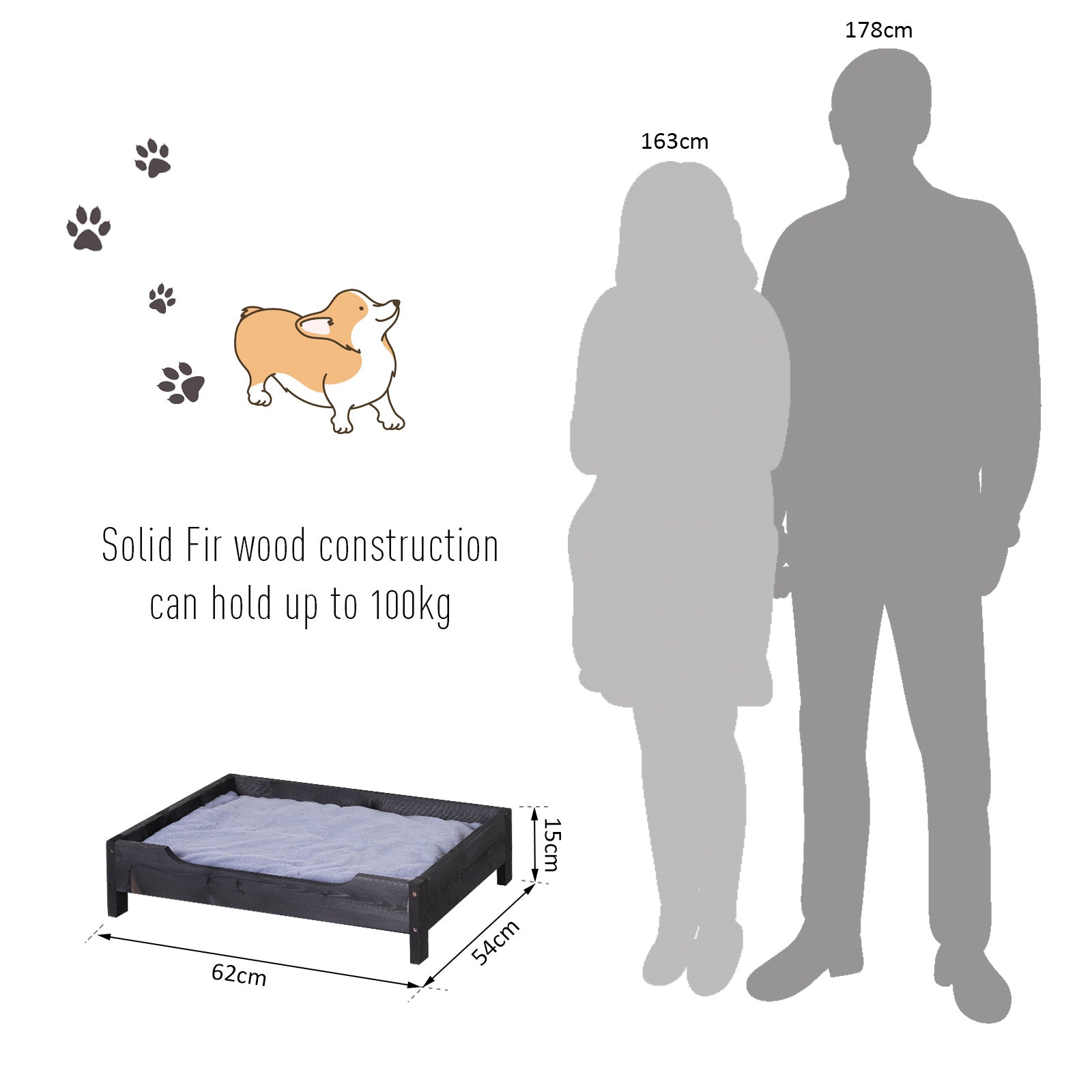 PawHut Wooden Elevated Dog Sofa Pet Bed Cat Kitten Lounger with Cushion Soft Comfortable Lightweight Black 62 x 54 x 15 cm