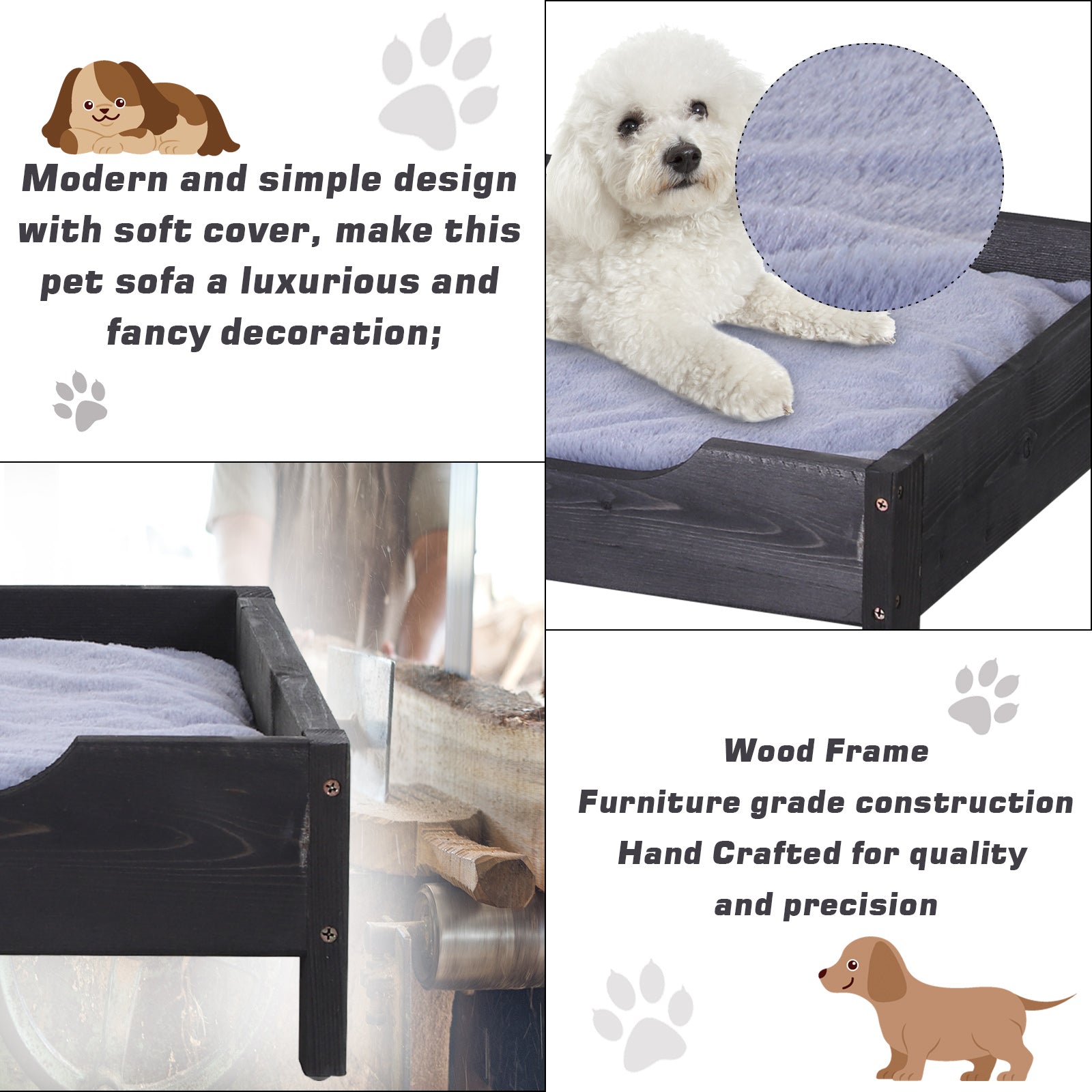 PawHut Wooden Elevated Dog Sofa Pet Bed Cat Kitten Lounger with Cushion Soft Comfortable Lightweight Black 62 x 54 x 15 cm