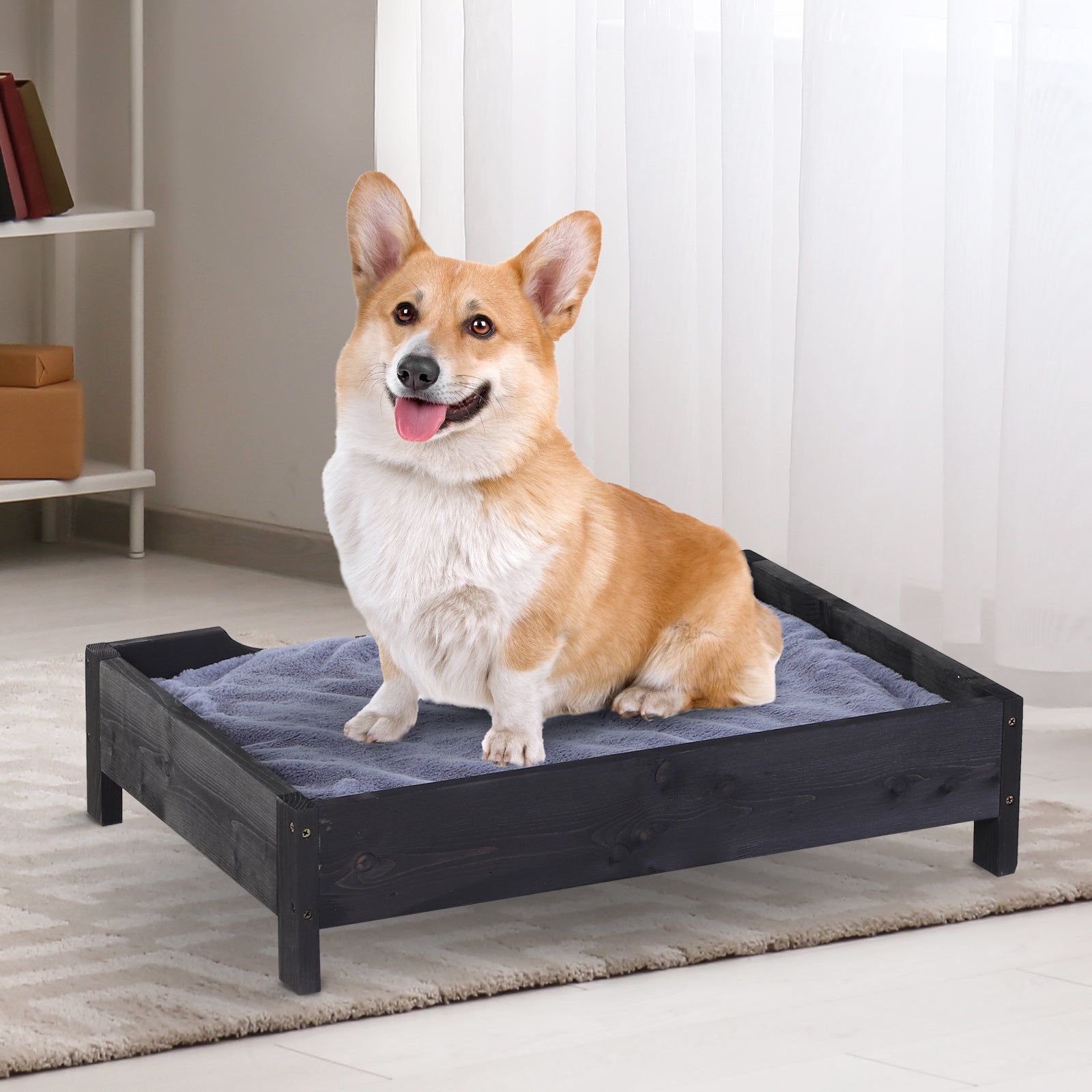 PawHut Wooden Elevated Dog Sofa Pet Bed Cat Kitten Lounger with Cushion Soft Comfortable Lightweight Black 62 x 54 x 15 cm