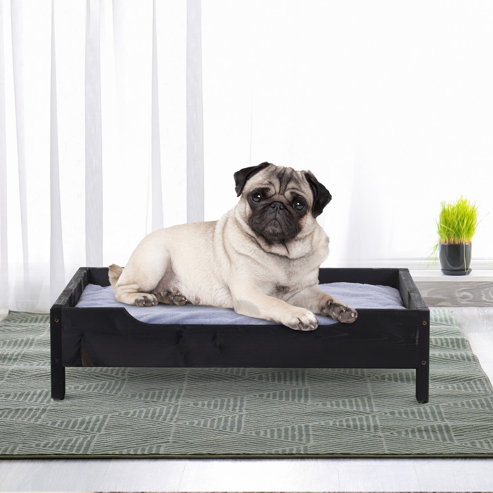 PawHut Wooden Elevated Dog Sofa Pet Bed Cat Kitten Lounger with Cushion Soft Comfortable Lightweight Black 62 x 54 x 15 cm