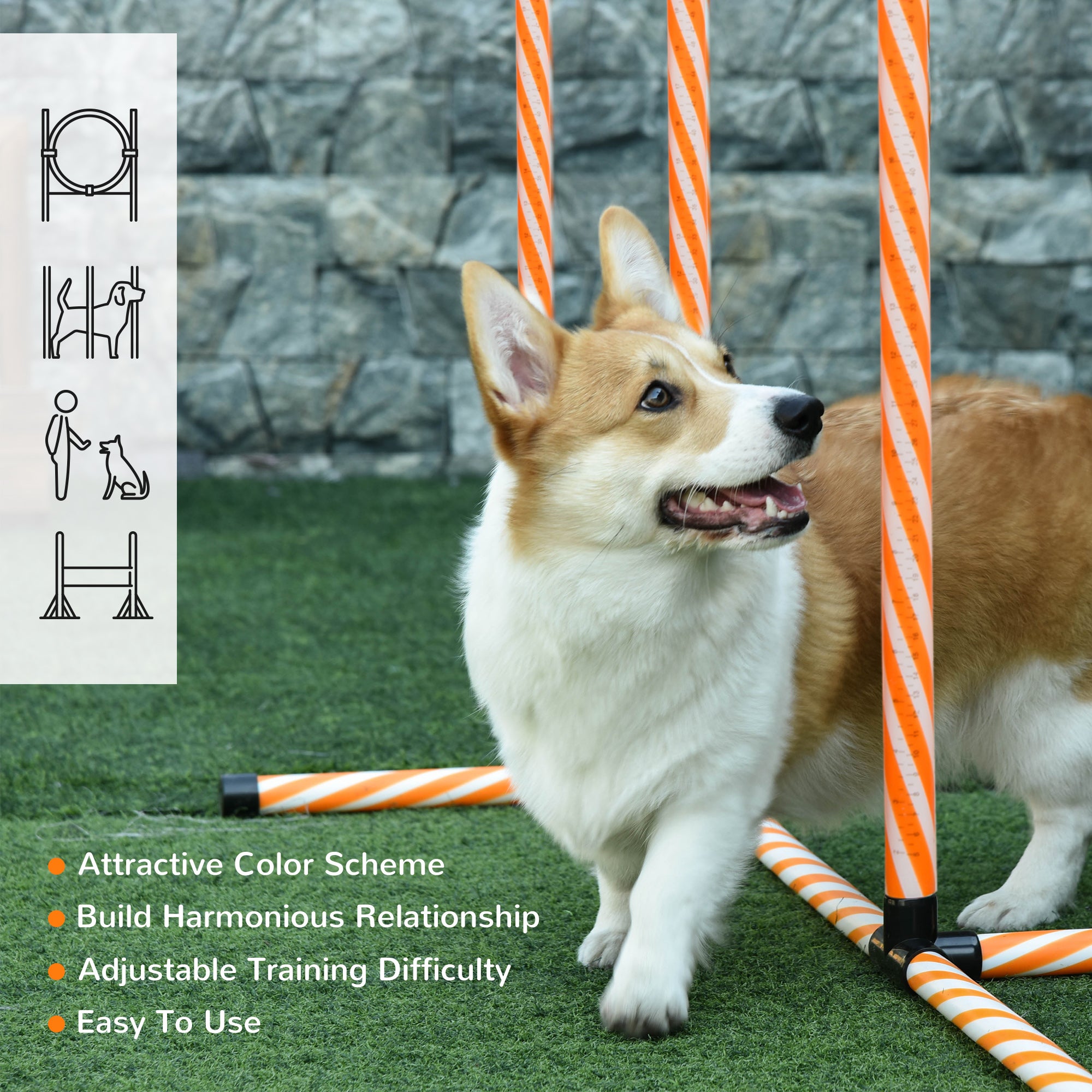 PawHut 4PC Portable Pet Agility Training Set Hurdle for Dog Obstacle Exercise with Adjustable Height Jump Ring High Jumper Weave Poles Square Pause Box Carry Bag Whistle Orange and White