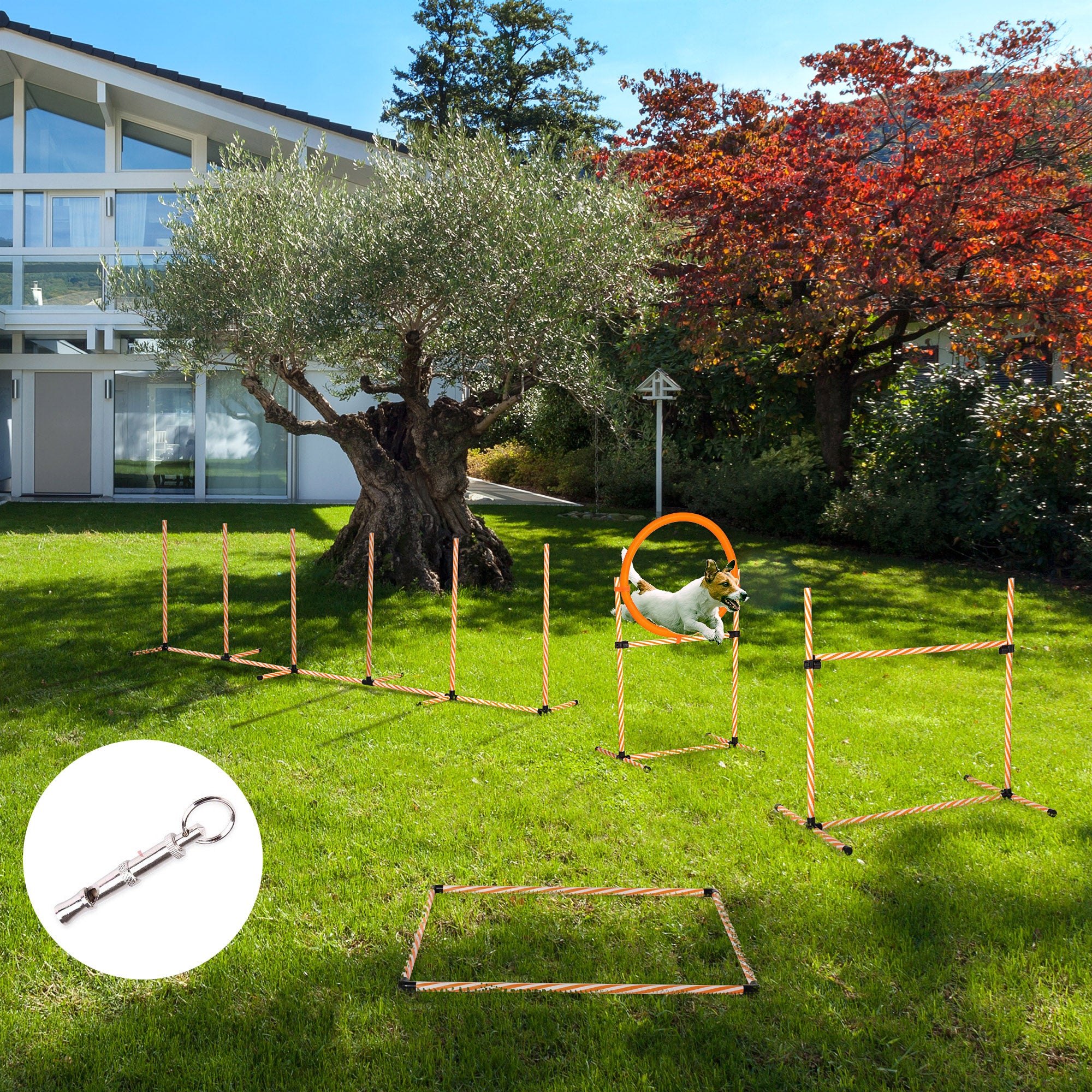PawHut 4PC Portable Pet Agility Training Set Hurdle for Dog Obstacle Exercise with Adjustable Height Jump Ring High Jumper Weave Poles Square Pause Box Carry Bag Whistle Orange and White