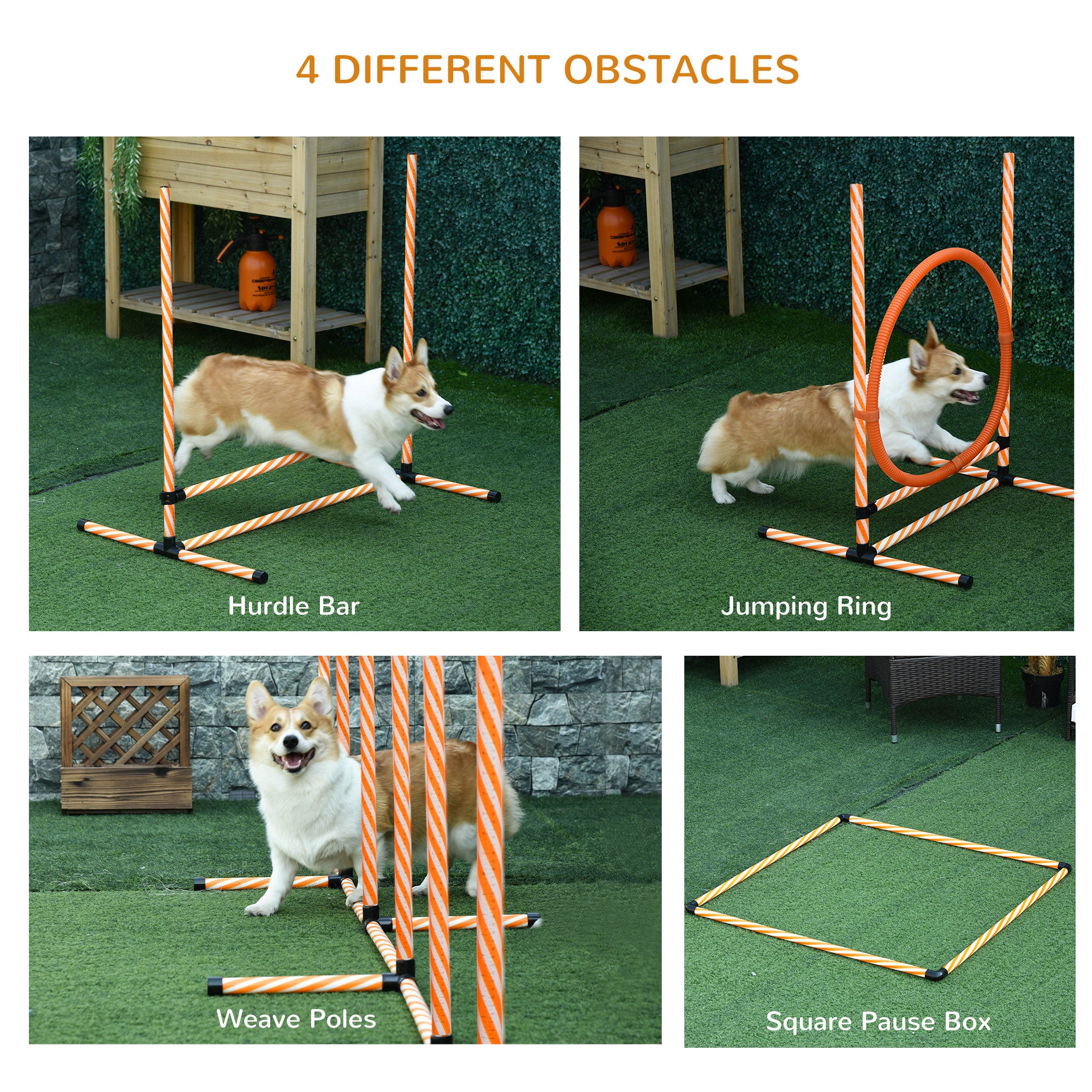 PawHut 4PC Portable Pet Agility Training Set Hurdle for Dog Obstacle Exercise with Adjustable Height Jump Ring High Jumper Weave Poles Square Pause Box Carry Bag Whistle Orange and White
