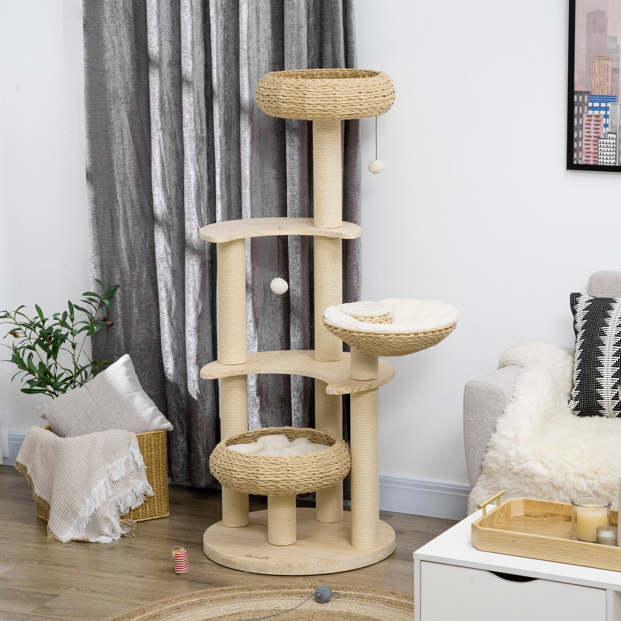 PawHut 57" Cat Tree, Kitty Activity Centre, Wooden Cat Climbing Toy, Cat Tower with Cat Bed Washable Cushions Hanging Ball Toys Paper Rope Scratching Post, Natural