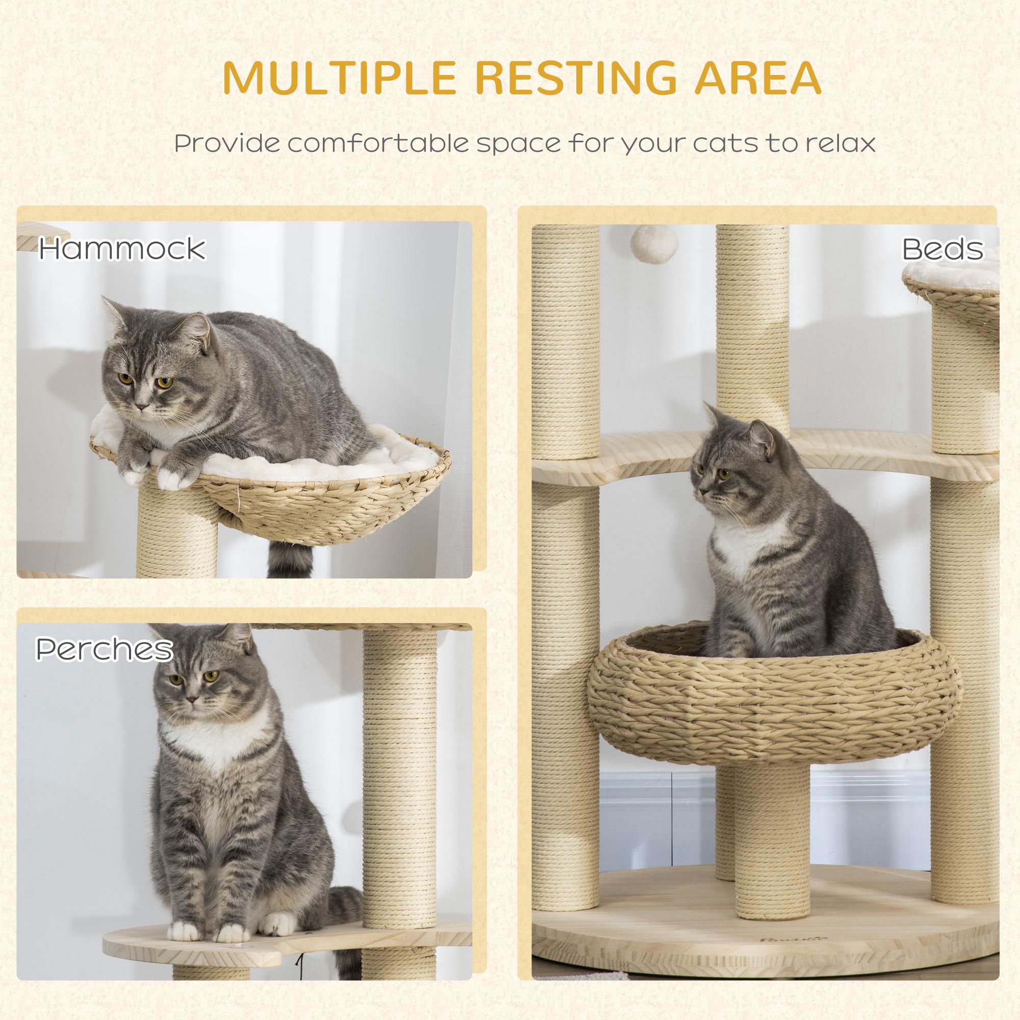 PawHut 57" Cat Tree, Kitty Activity Centre, Wooden Cat Climbing Toy, Cat Tower with Cat Bed Washable Cushions Hanging Ball Toys Paper Rope Scratching Post, Natural