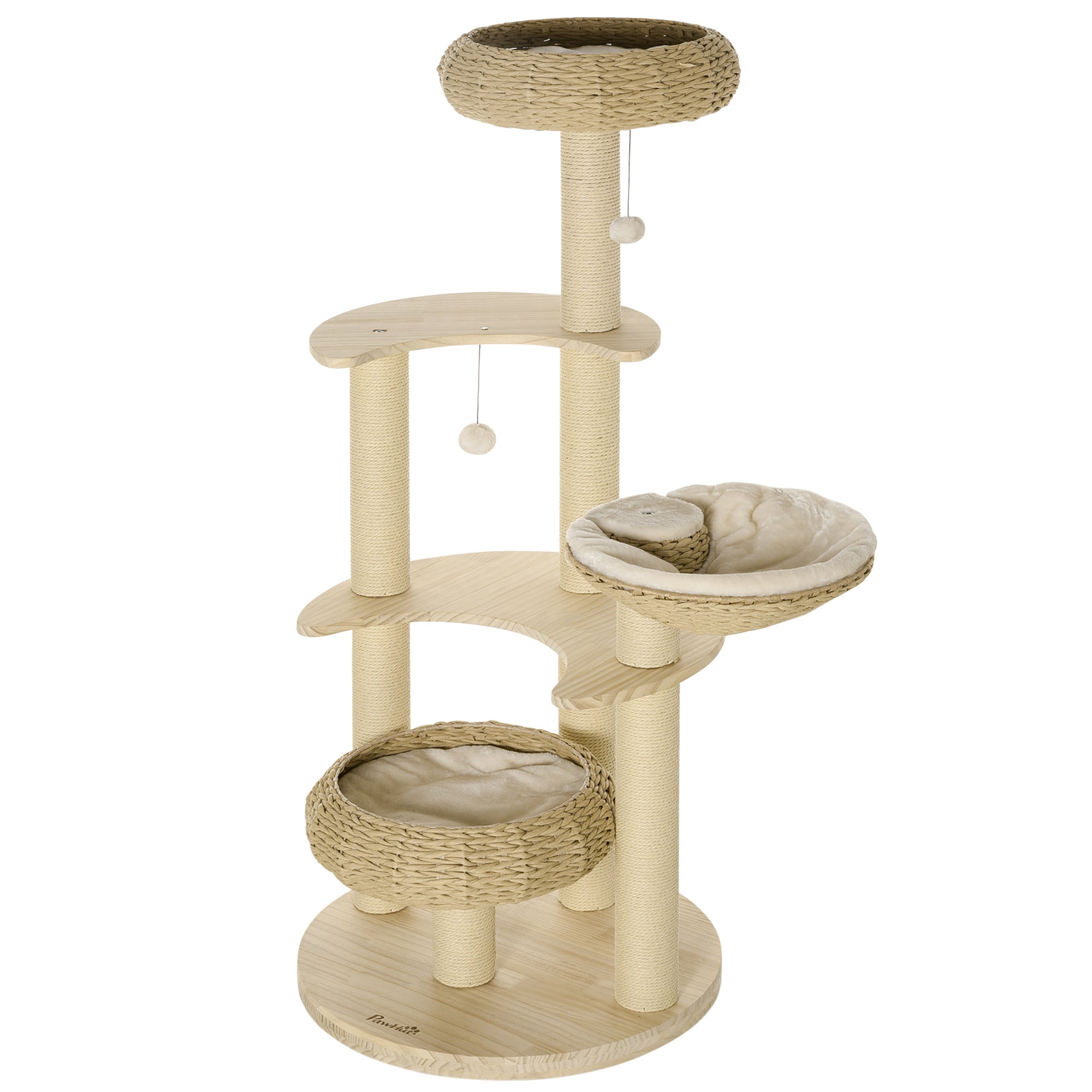 PawHut 57" Cat Tree, Kitty Activity Centre, Wooden Cat Climbing Toy, Cat Tower with Cat Bed Washable Cushions Hanging Ball Toys Paper Rope Scratching Post, Natural