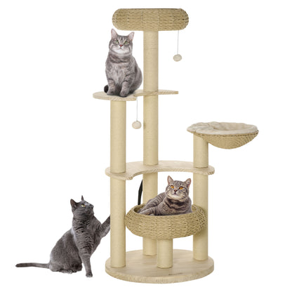 PawHut 57" Cat Tree, Kitty Activity Centre, Wooden Cat Climbing Toy, Cat Tower with Cat Bed Washable Cushions Hanging Ball Toys Paper Rope Scratching Post, Natural