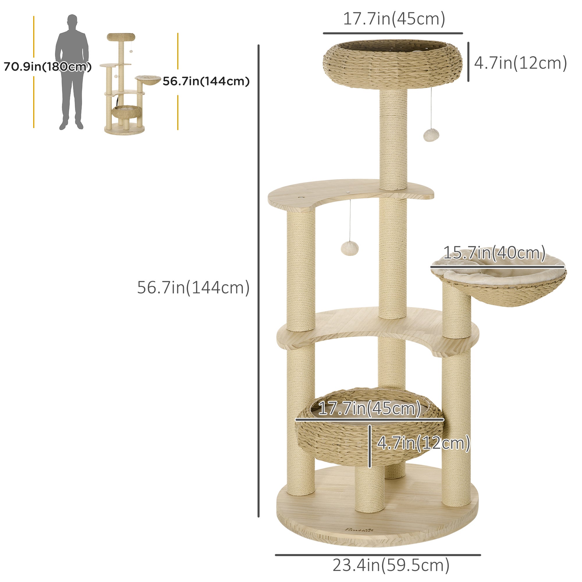 PawHut 57" Cat Tree, Kitty Activity Centre, Wooden Cat Climbing Toy, Cat Tower with Cat Bed Washable Cushions Hanging Ball Toys Paper Rope Scratching Post, Natural