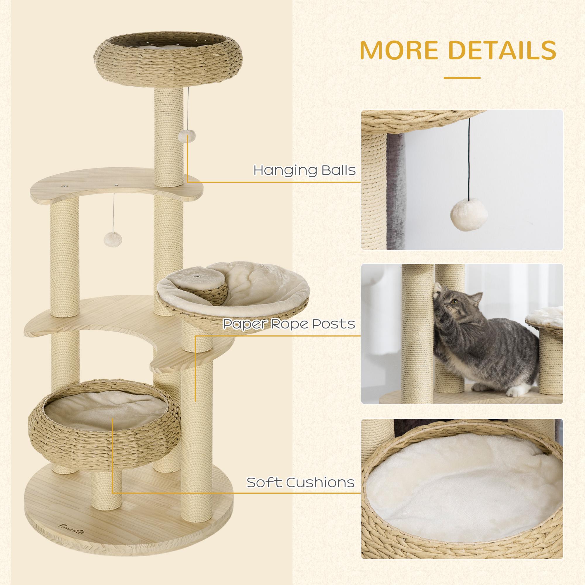PawHut 57" Cat Tree, Kitty Activity Centre, Wooden Cat Climbing Toy, Cat Tower with Cat Bed Washable Cushions Hanging Ball Toys Paper Rope Scratching Post, Natural
