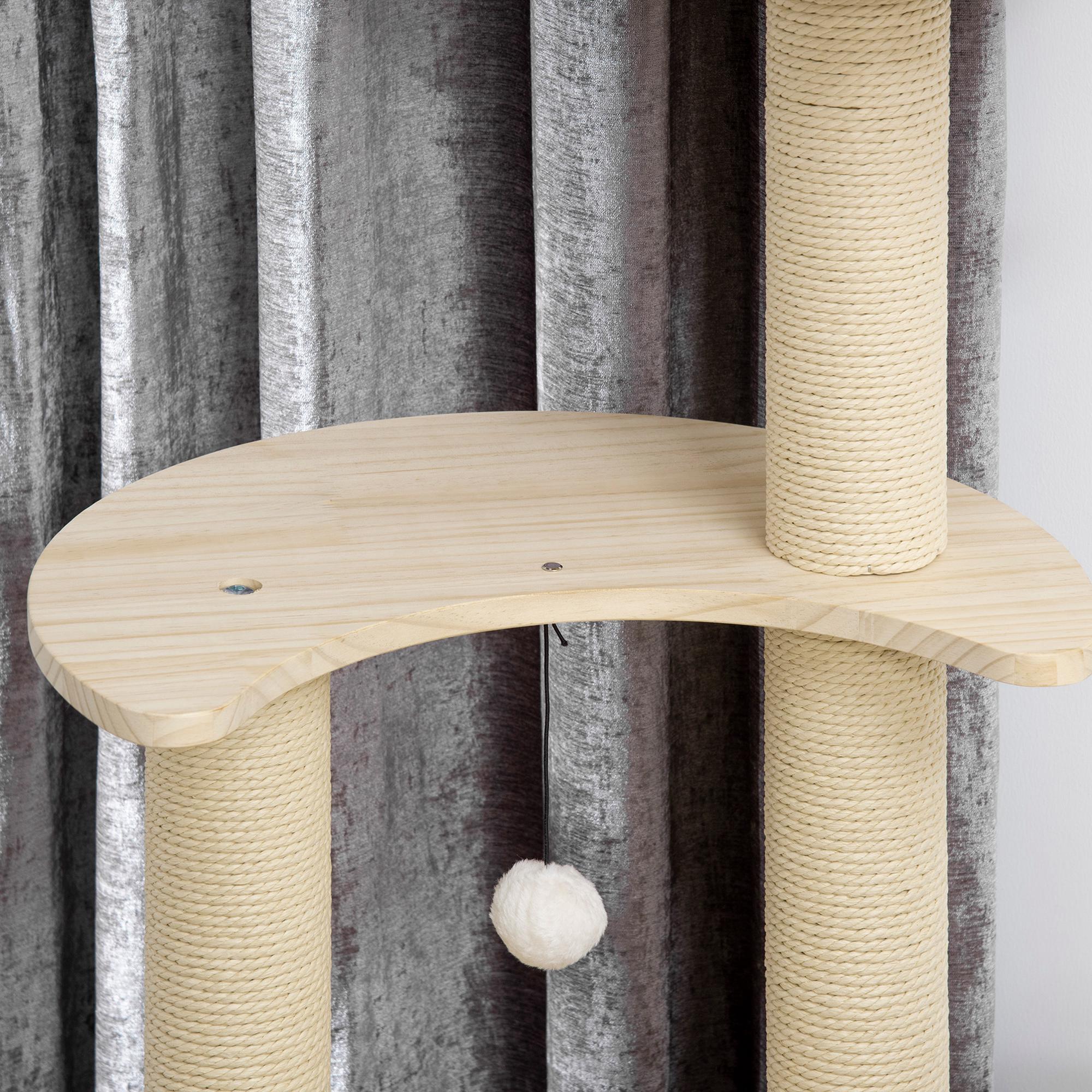 PawHut 57" Cat Tree, Kitty Activity Centre, Wooden Cat Climbing Toy, Cat Tower with Cat Bed Washable Cushions Hanging Ball Toys Paper Rope Scratching Post, Natural