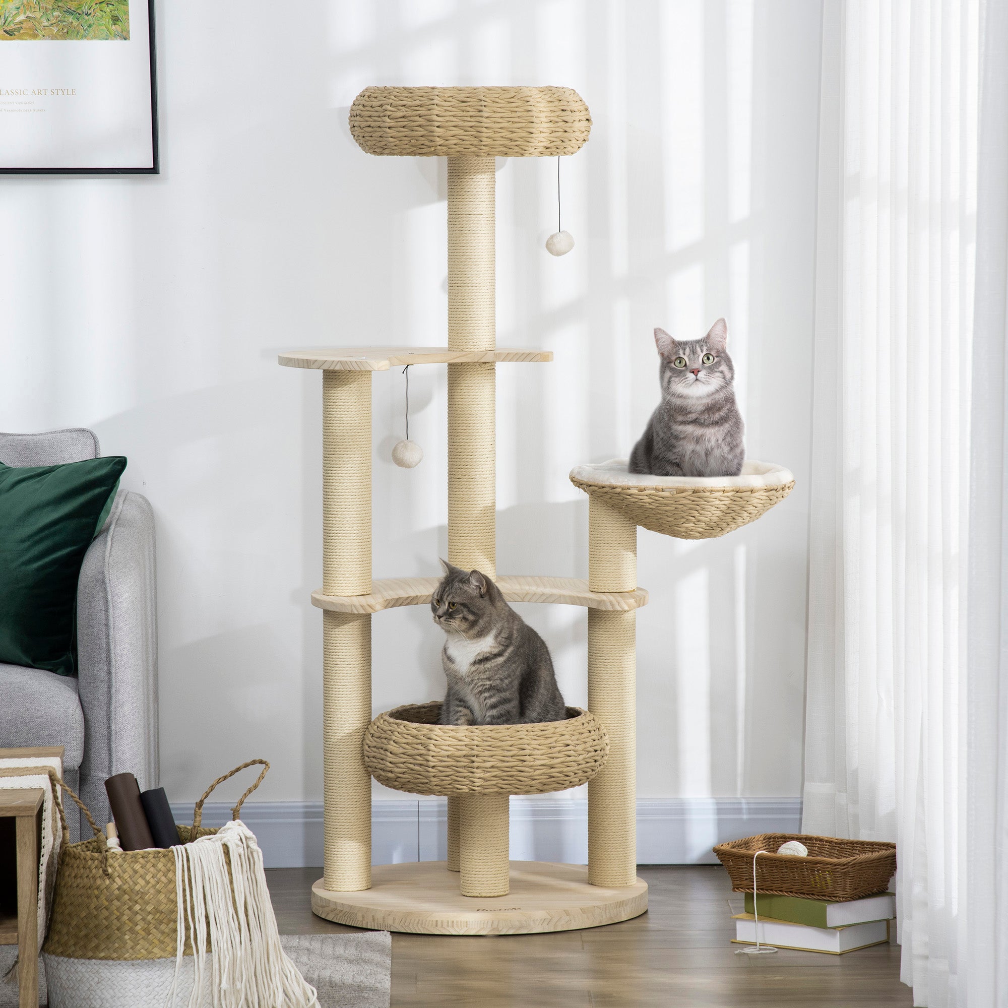 PawHut 57" Cat Tree, Kitty Activity Centre, Wooden Cat Climbing Toy, Cat Tower with Cat Bed Washable Cushions Hanging Ball Toys Paper Rope Scratching Post, Natural
