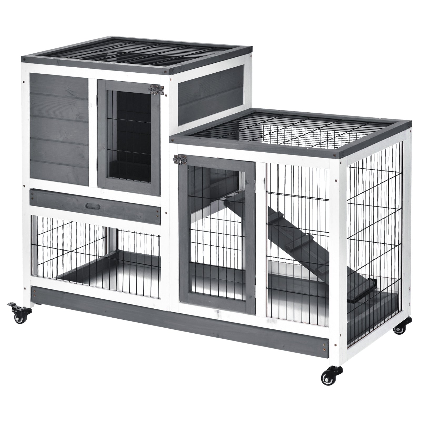 PawHut Rabbit Hutch Indoor Bunny Cage Guinea Pig House on Wheels with Run, Pull Out Trays, Grey and White