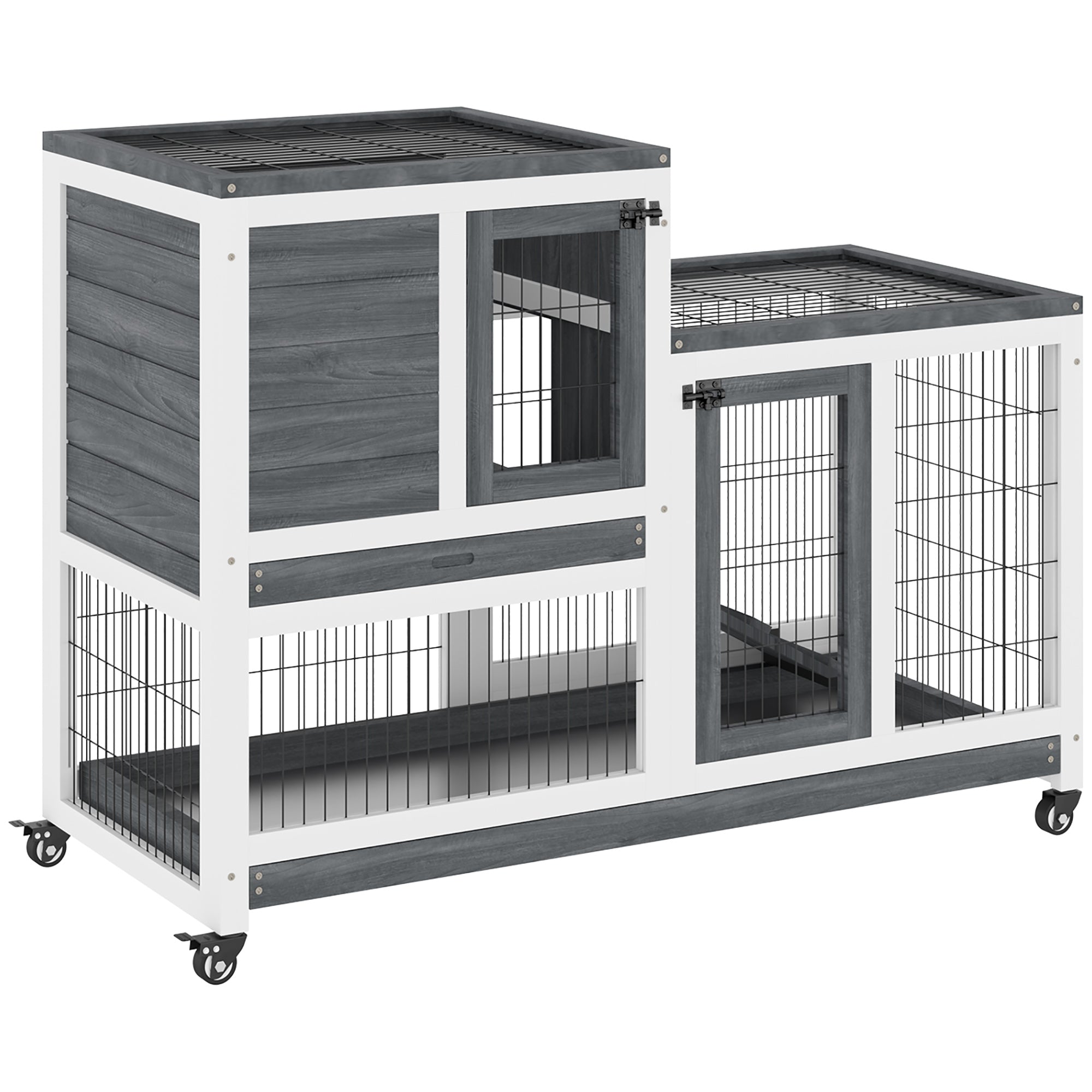 PawHut Rabbit Hutch Indoor Bunny Cage Guinea Pig House on Wheels with Run, Pull Out Trays, Grey and White