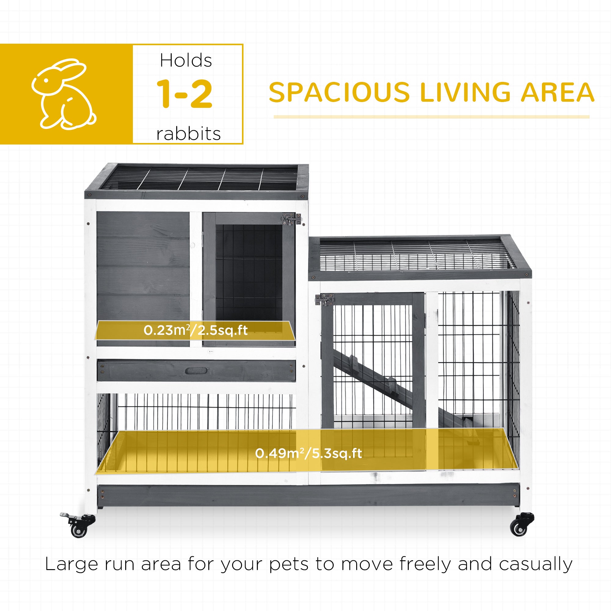 PawHut Rabbit Hutch Indoor Bunny Cage Guinea Pig House on Wheels with Run, Pull Out Trays, Grey and White