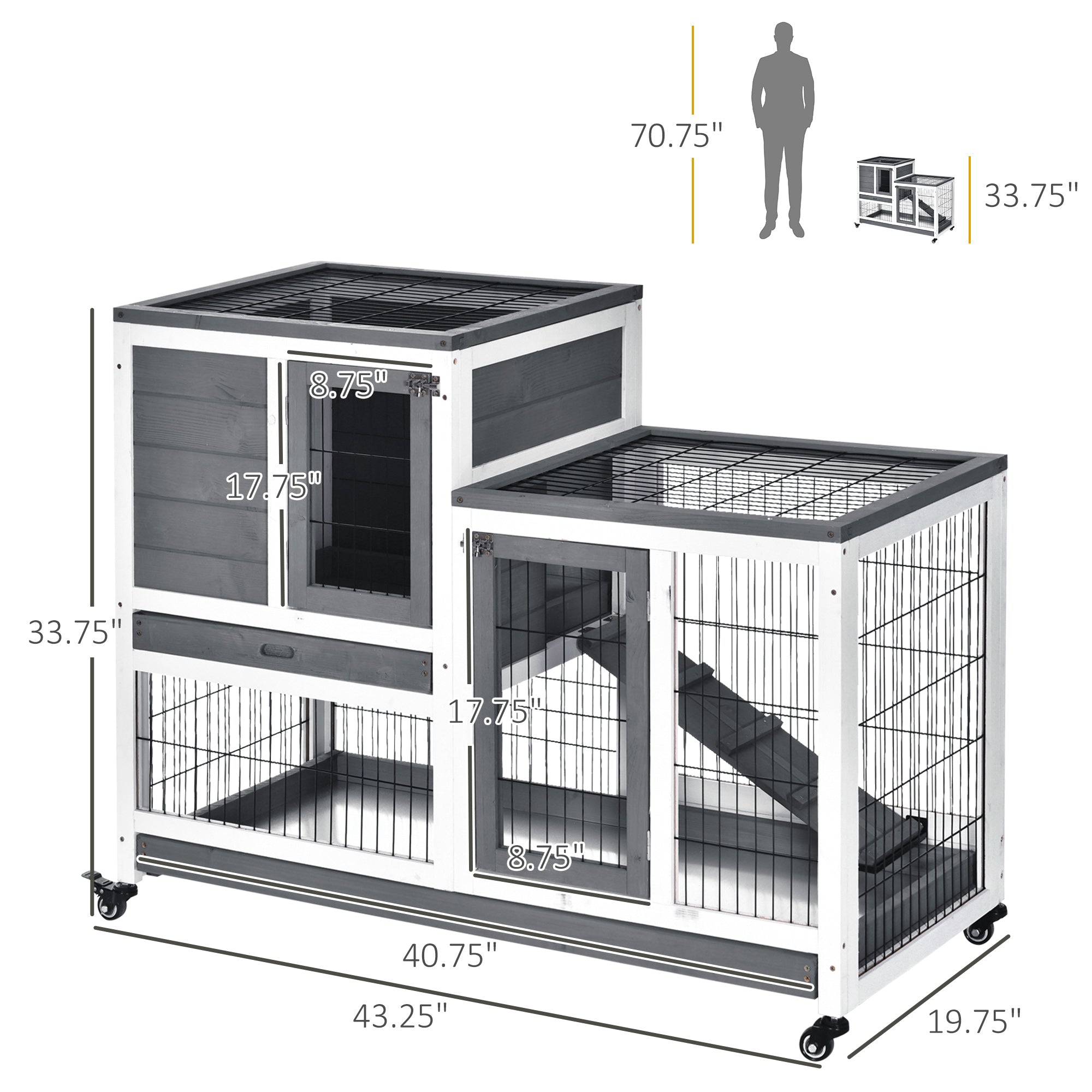 PawHut Rabbit Hutch Indoor Bunny Cage Guinea Pig House on Wheels with Run, Pull Out Trays, Grey and White