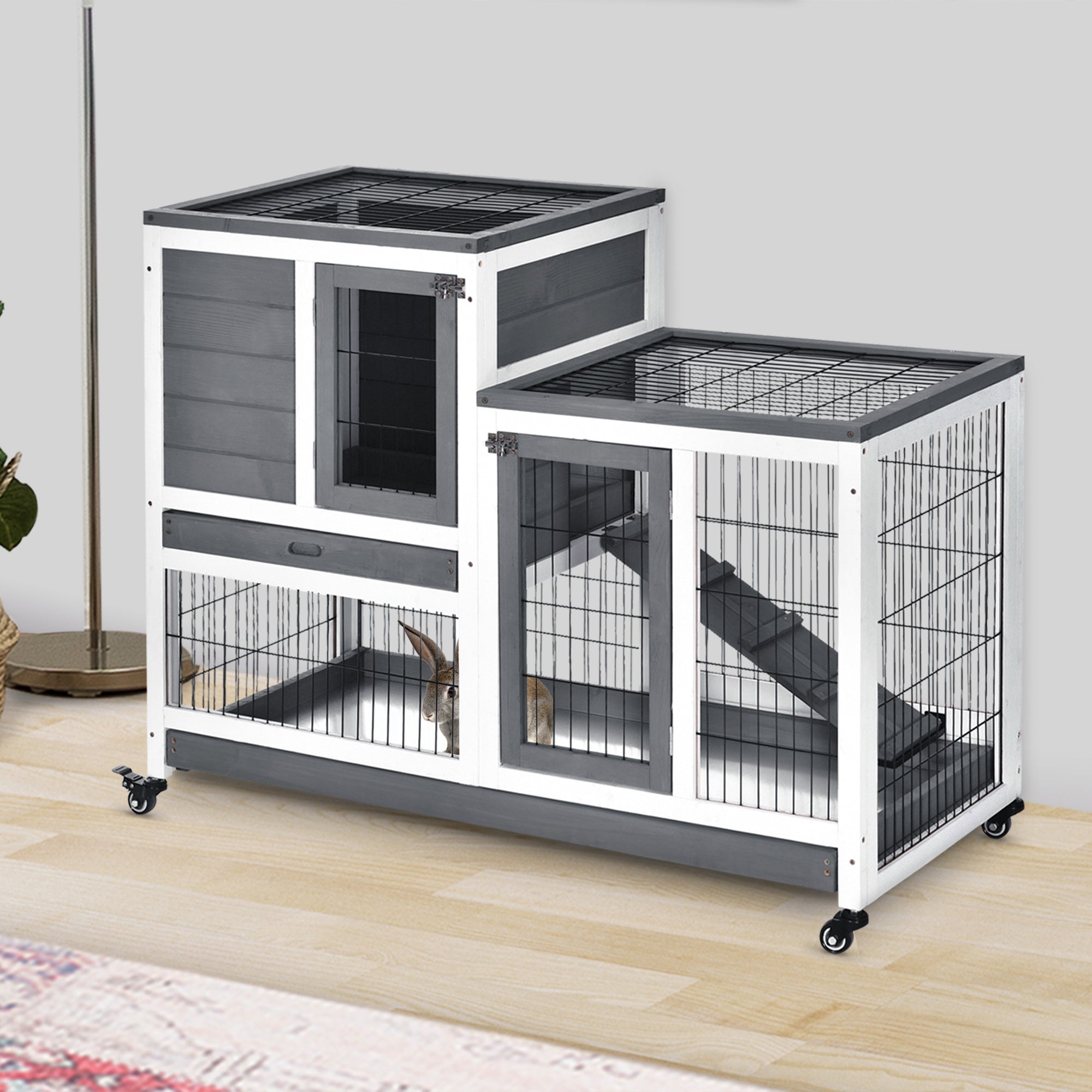 PawHut Rabbit Hutch Indoor Bunny Cage Guinea Pig House on Wheels with Run, Pull Out Trays, Grey and White