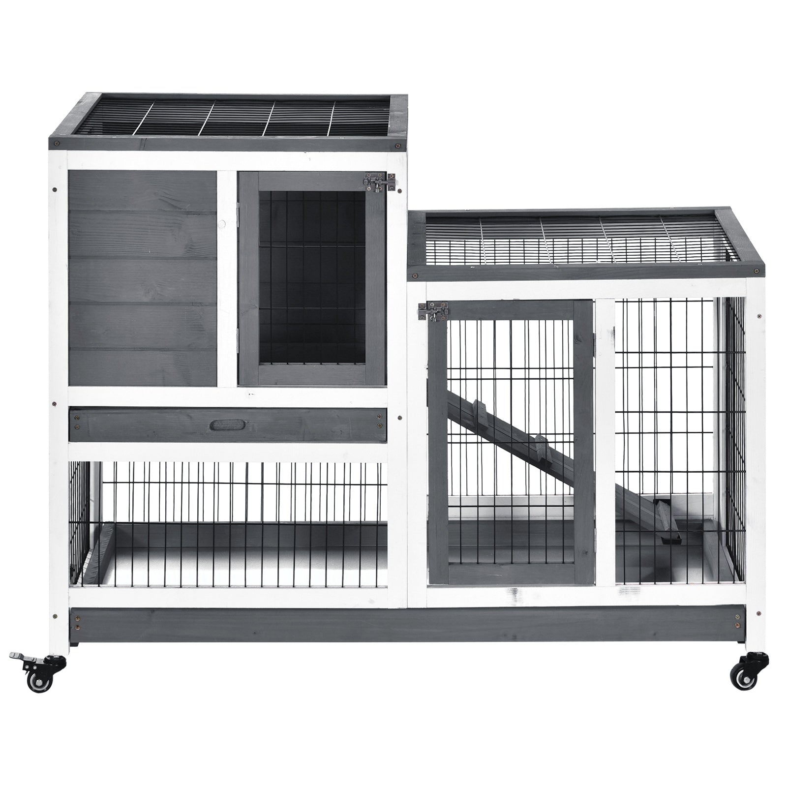 PawHut Rabbit Hutch Indoor Bunny Cage Guinea Pig House on Wheels with Run, Pull Out Trays, Grey and White