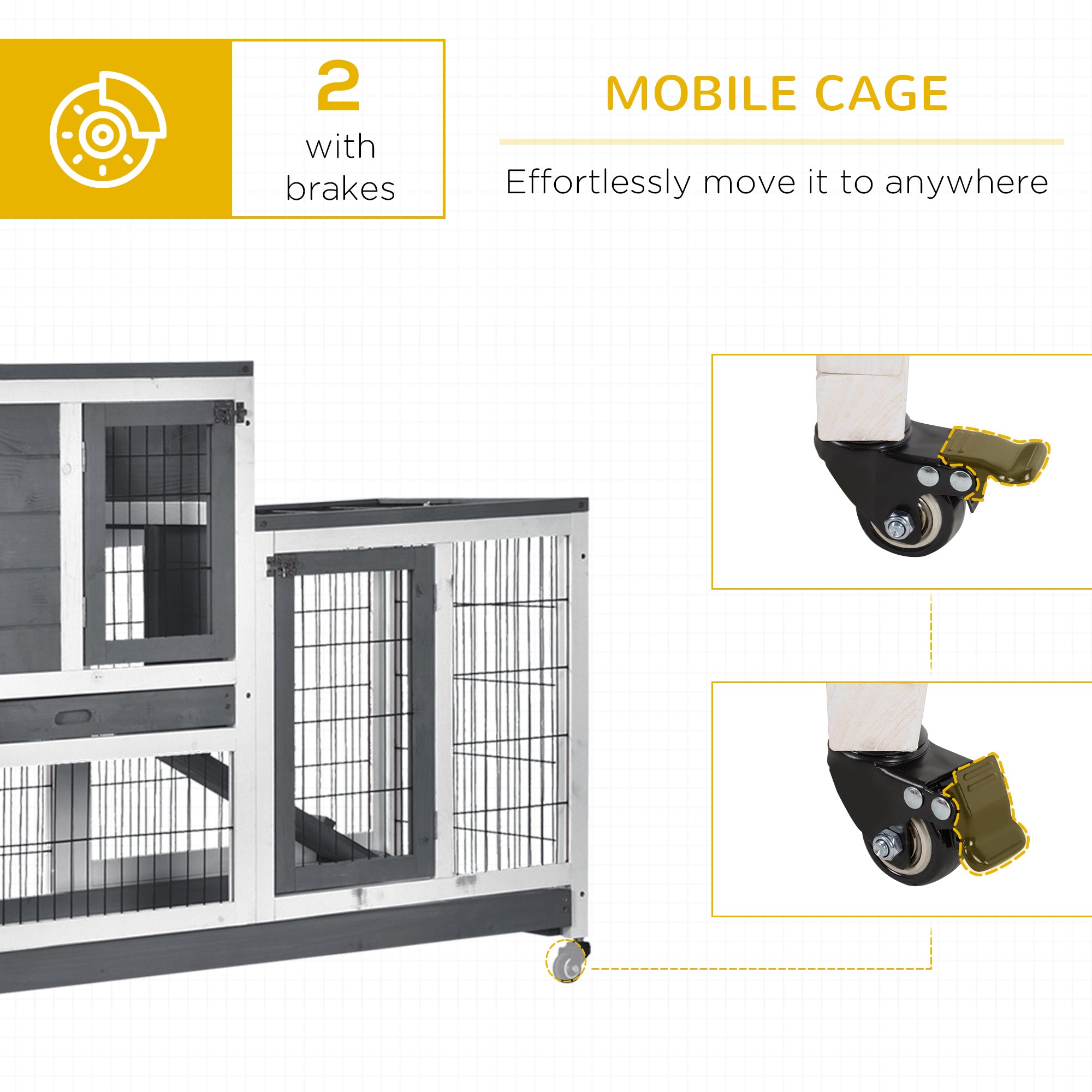PawHut Rabbit Hutch Indoor Bunny Cage Guinea Pig House on Wheels with Run, Pull Out Trays, Grey and White