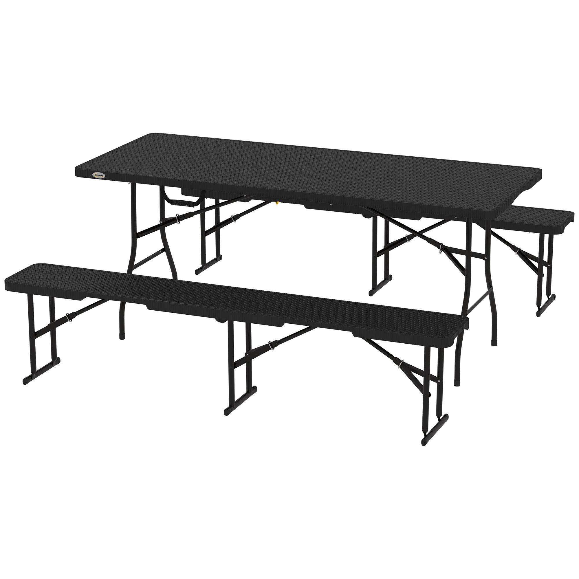 Outsunny 6FT 3-Piece Folding Picnic Table with 2 Benches, Faux Rattan Portable Outdoor Camping Table Bench Set with Carrying Handles and HDPE Tabletop for Garden, Patio, Black