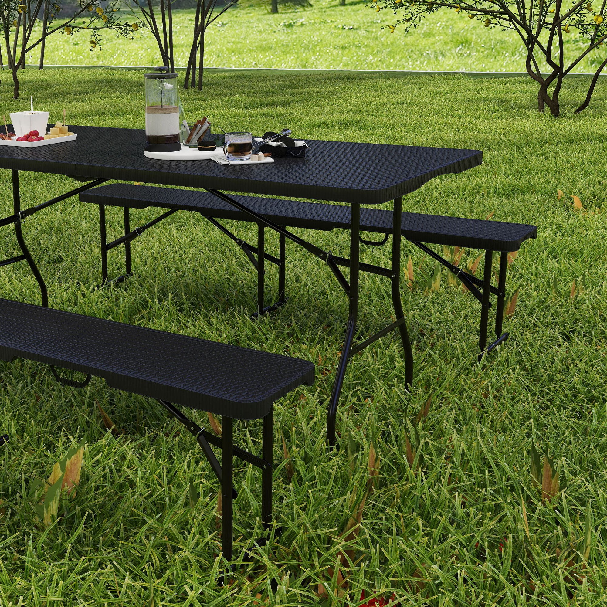 Outsunny 6FT 3-Piece Folding Picnic Table with 2 Benches, Faux Rattan Portable Outdoor Camping Table Bench Set with Carrying Handles and HDPE Tabletop for Garden, Patio, Black