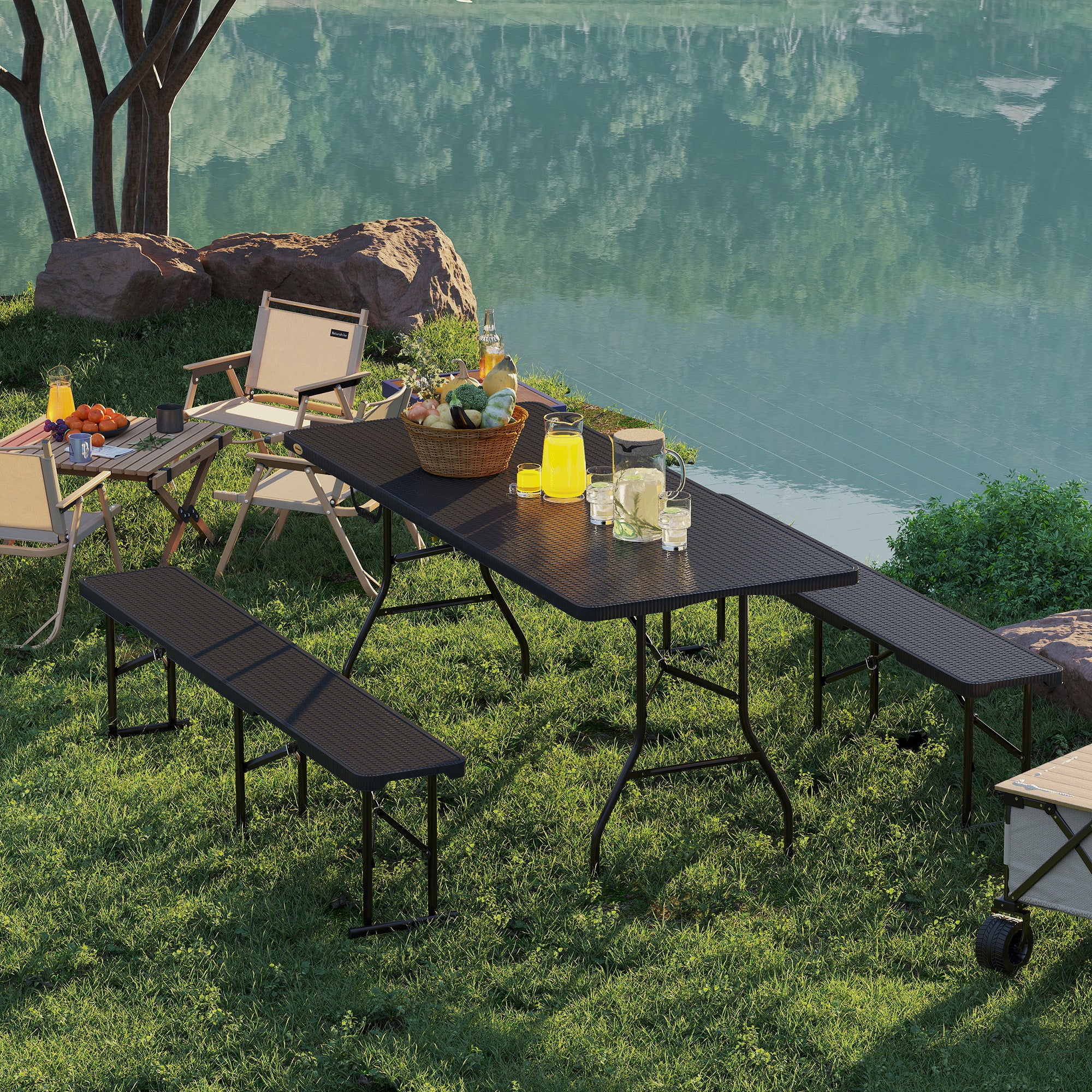 Outsunny 6FT 3-Piece Folding Picnic Table with 2 Benches, Faux Rattan Portable Outdoor Camping Table Bench Set with Carrying Handles and HDPE Tabletop for Garden, Patio, Black