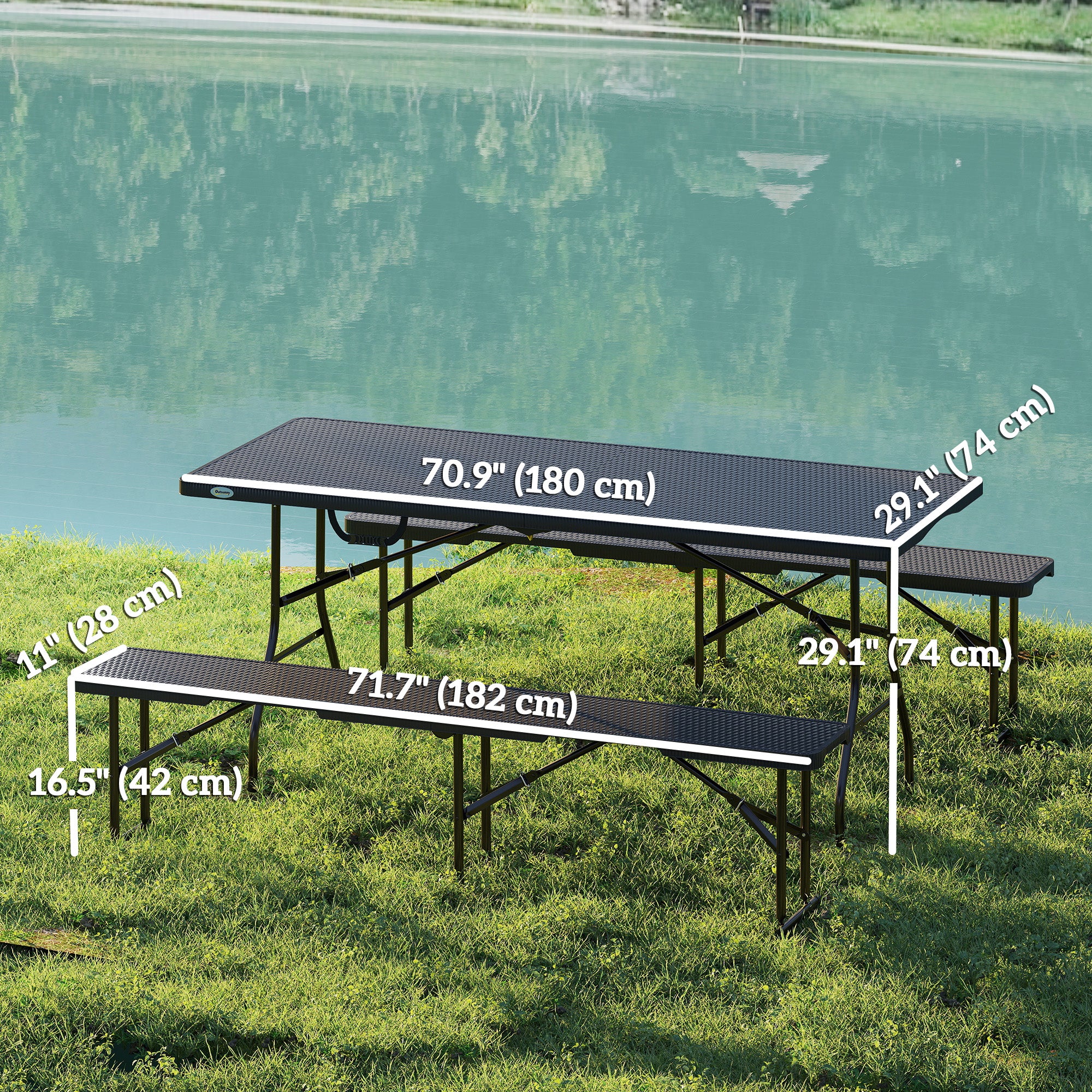 Outsunny 6FT 3-Piece Folding Picnic Table with 2 Benches, Faux Rattan Portable Outdoor Camping Table Bench Set with Carrying Handles and HDPE Tabletop for Garden, Patio, Black