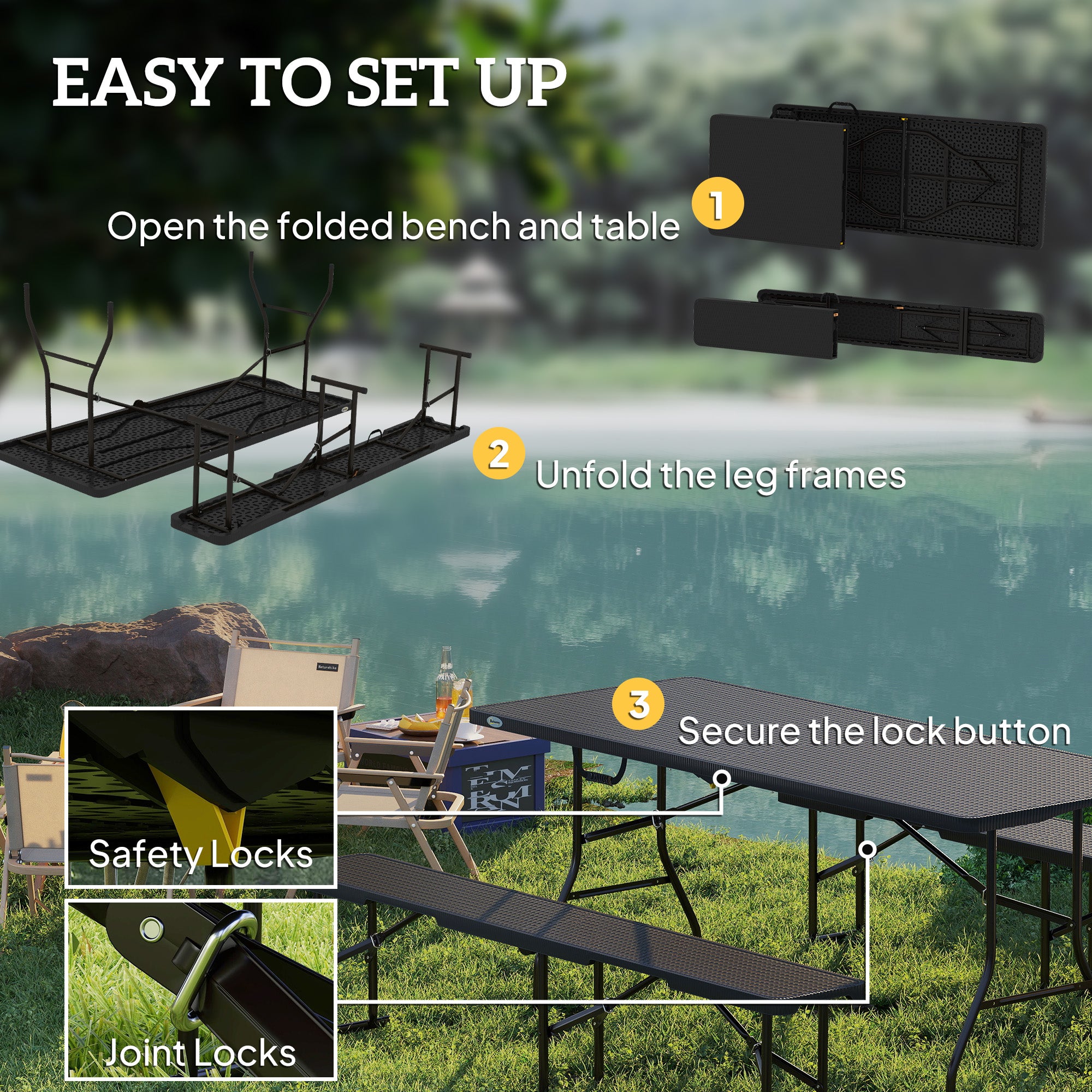 Outsunny 6FT 3-Piece Folding Picnic Table with 2 Benches, Faux Rattan Portable Outdoor Camping Table Bench Set with Carrying Handles and HDPE Tabletop for Garden, Patio, Black
