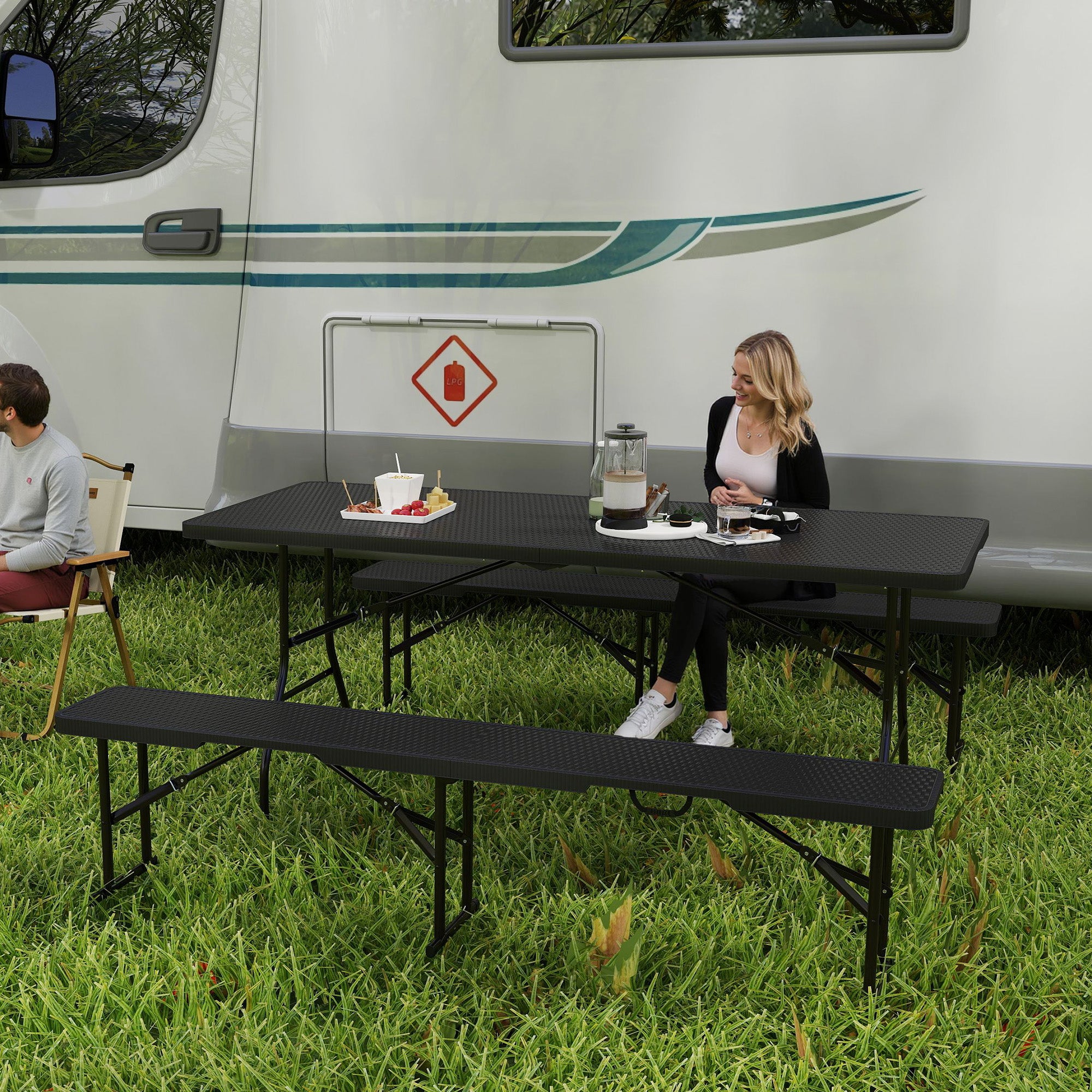 Outsunny 6FT 3-Piece Folding Picnic Table with 2 Benches, Faux Rattan Portable Outdoor Camping Table Bench Set with Carrying Handles and HDPE Tabletop for Garden, Patio, Black