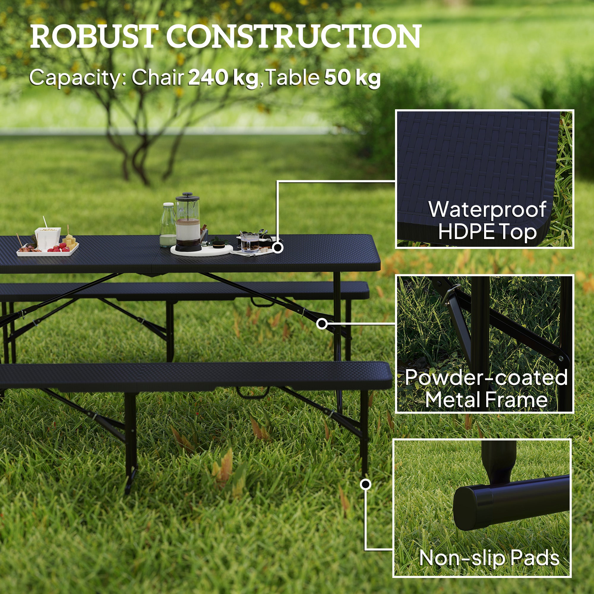 Outsunny 6FT 3-Piece Folding Picnic Table with 2 Benches, Faux Rattan Portable Outdoor Camping Table Bench Set with Carrying Handles and HDPE Tabletop for Garden, Patio, Black