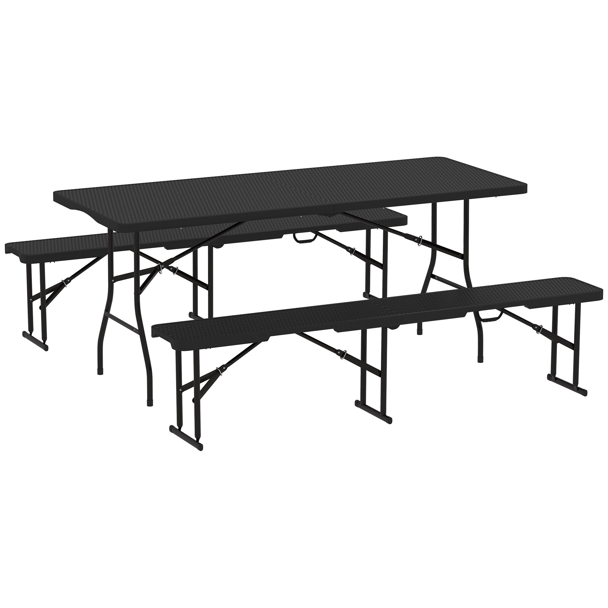 Outsunny 6FT 3-Piece Folding Picnic Table with 2 Benches, Faux Rattan Portable Outdoor Camping Table Bench Set with Carrying Handles and HDPE Tabletop for Garden, Patio, Black