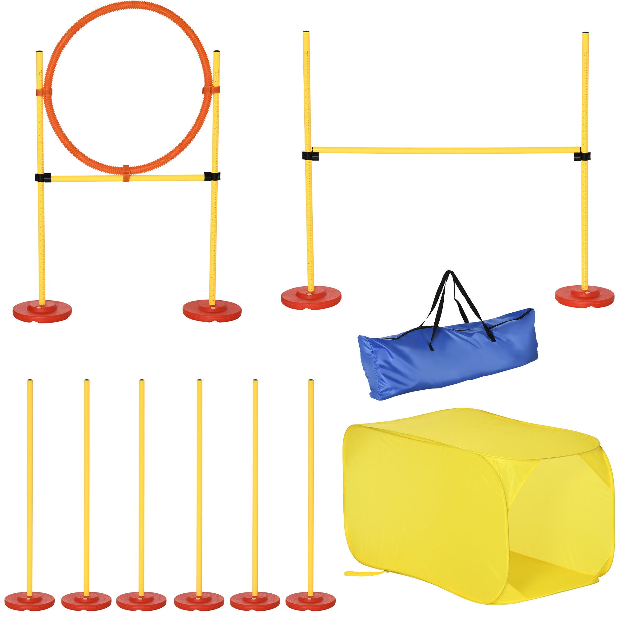 PawHut 4PCs Portable Pet Agility Training Obstacle Set for Dogs w/ Adjustable Weave Pole, Jumping Ring, Adjustable High Jump, Tunnel and Carrying Bag