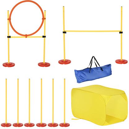 PawHut 4PCs Portable Pet Agility Training Obstacle Set for Dogs w/ Adjustable Weave Pole, Jumping Ring, Adjustable High Jump, Tunnel and Carrying Bag