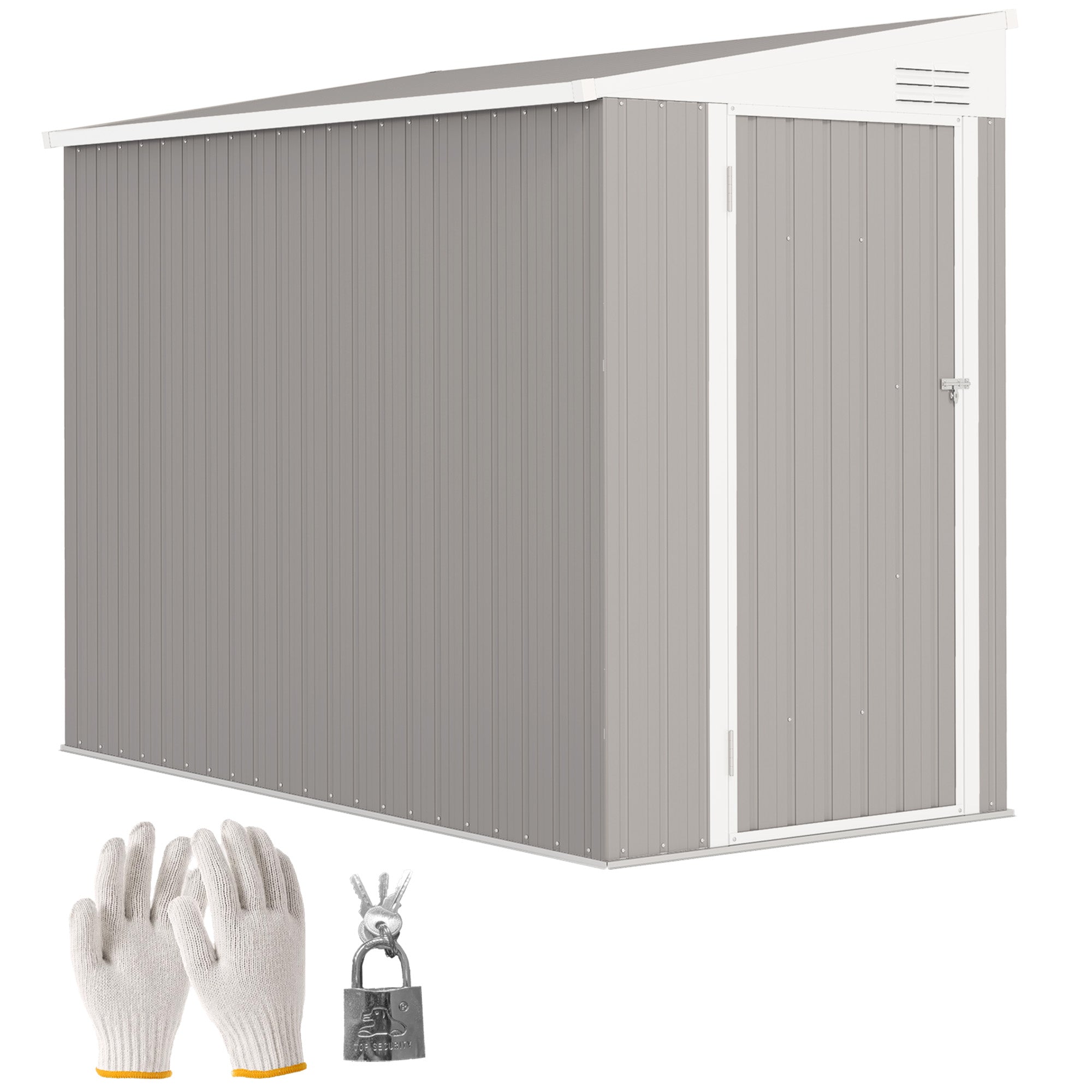 Outsunny 4' x 8' Steel Garden Storage Shed Lean to Shed Outdoor Metal Tool House with Lockable Door and 2 Air Vents for Backyard, Patio, Lawn, Light Grey