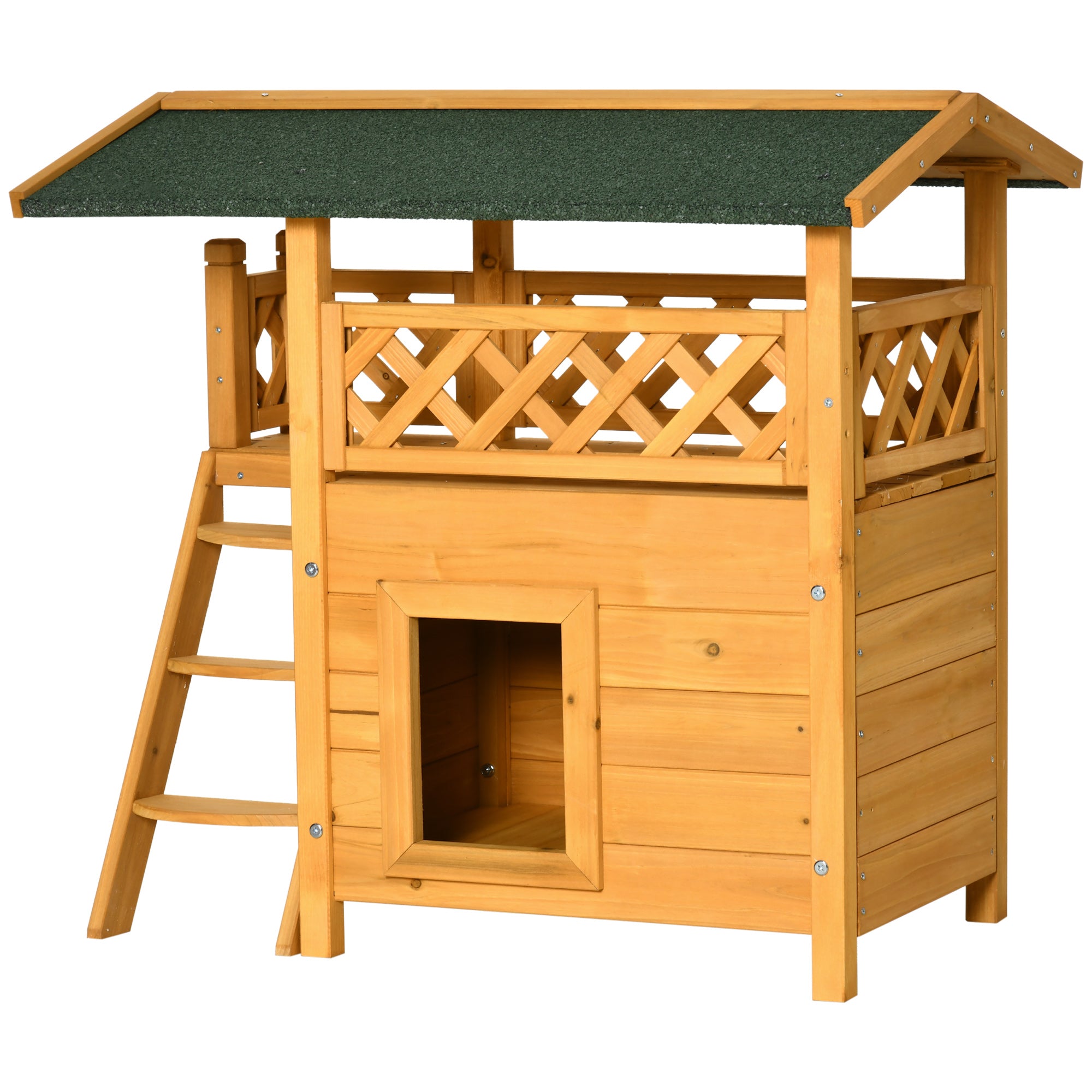 PawHut Outdoor Cat House, 2-Story Shelter for Feral Cats, Wooden Kitten Condo with Asphalt Roof, Stairs, Balcony, 30"x20"x29", Natural