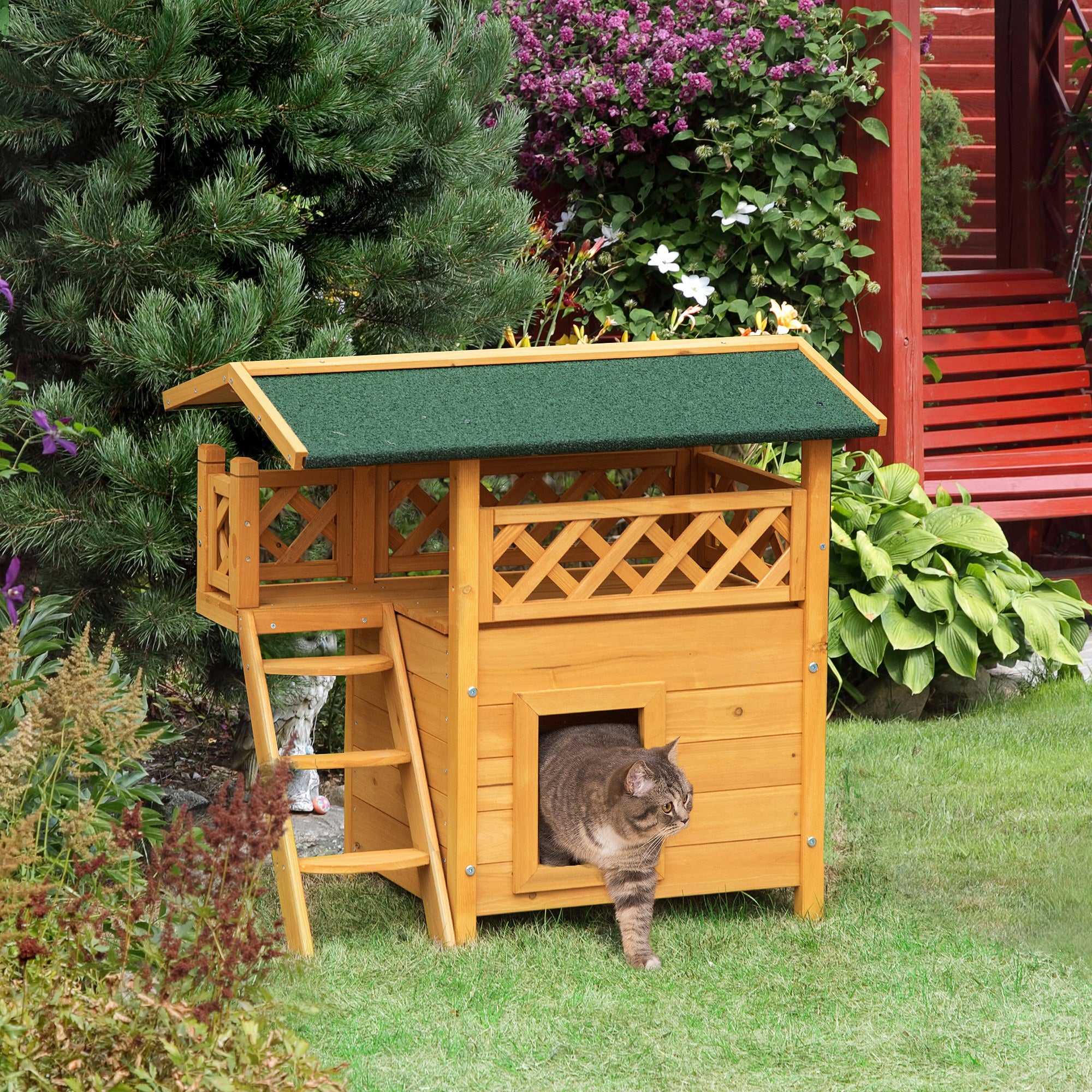 PawHut Outdoor Cat House, 2-Story Shelter for Feral Cats, Wooden Kitten Condo with Asphalt Roof, Stairs, Balcony, 30"x20"x29", Natural