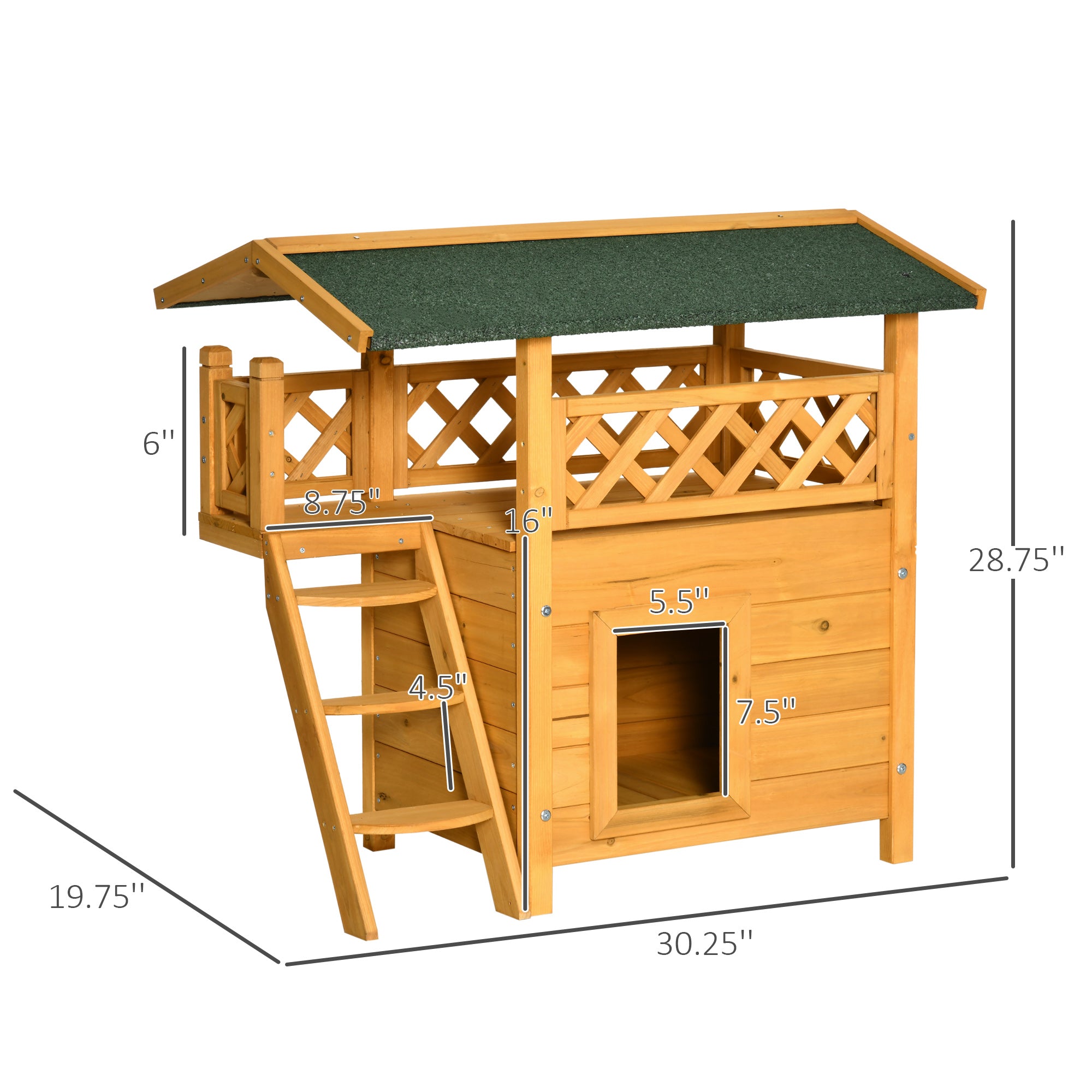 PawHut Outdoor Cat House, 2-Story Shelter for Feral Cats, Wooden Kitten Condo with Asphalt Roof, Stairs, Balcony, 30"x20"x29", Natural