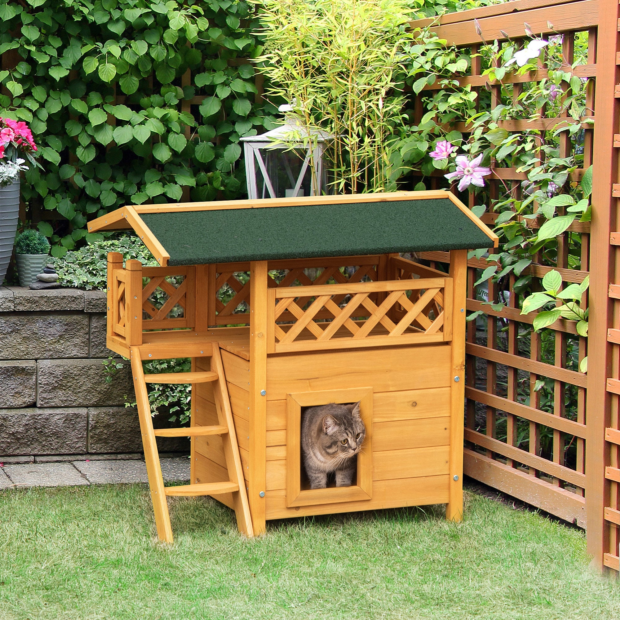 PawHut Outdoor Cat House, 2-Story Shelter for Feral Cats, Wooden Kitten Condo with Asphalt Roof, Stairs, Balcony, 30"x20"x29", Natural
