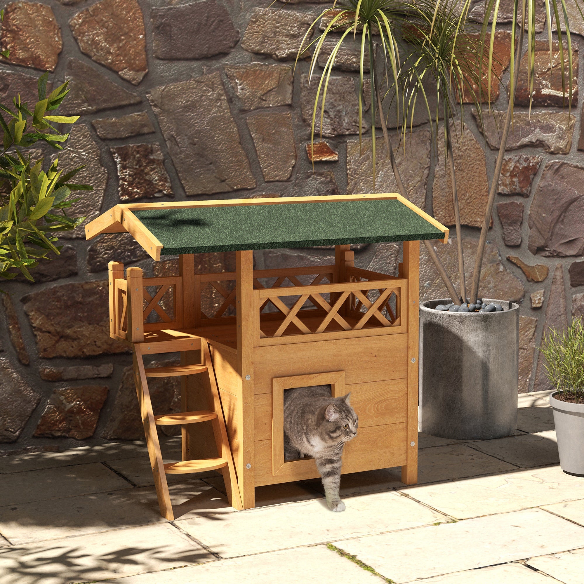 PawHut Cat House Outdoor, Wooden Feral Cat House with Balcony Stairs Asphalt Waterproof, 77L x 50W x 73Hcm - Natural