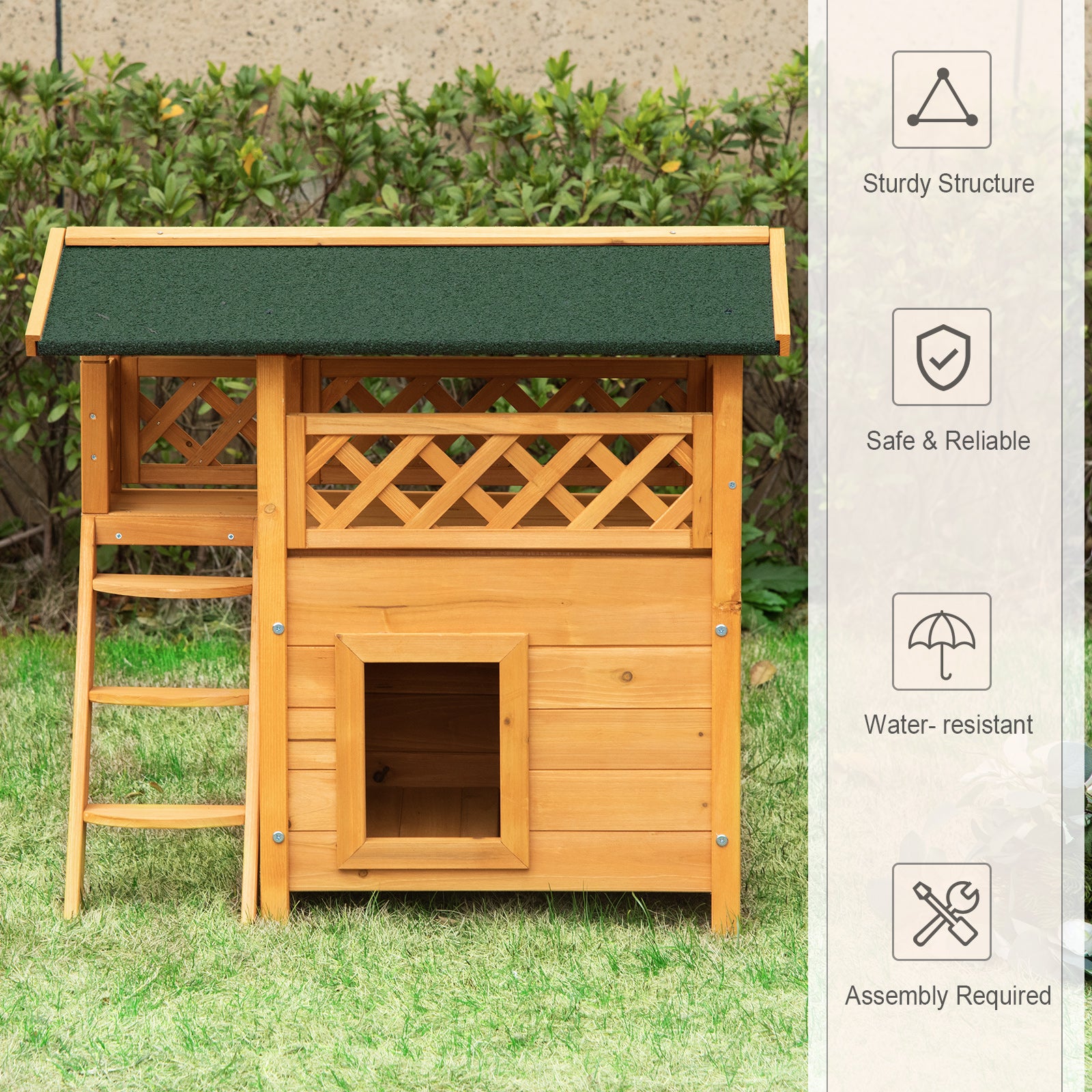 PawHut Outdoor Cat House, 2-Story Shelter for Feral Cats, Wooden Kitten Condo with Asphalt Roof, Stairs, Balcony, 30"x20"x29", Natural