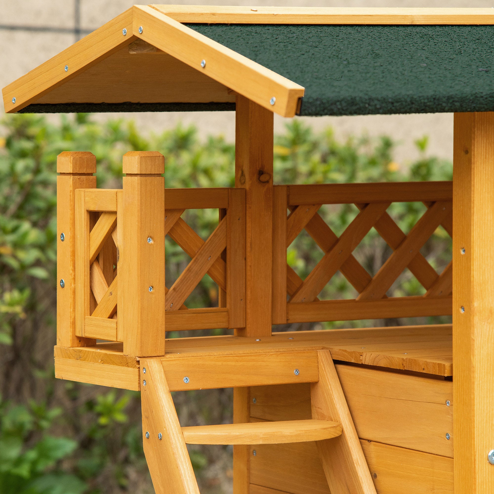 PawHut Outdoor Cat House, 2-Story Shelter for Feral Cats, Wooden Kitten Condo with Asphalt Roof, Stairs, Balcony, 30"x20"x29", Natural